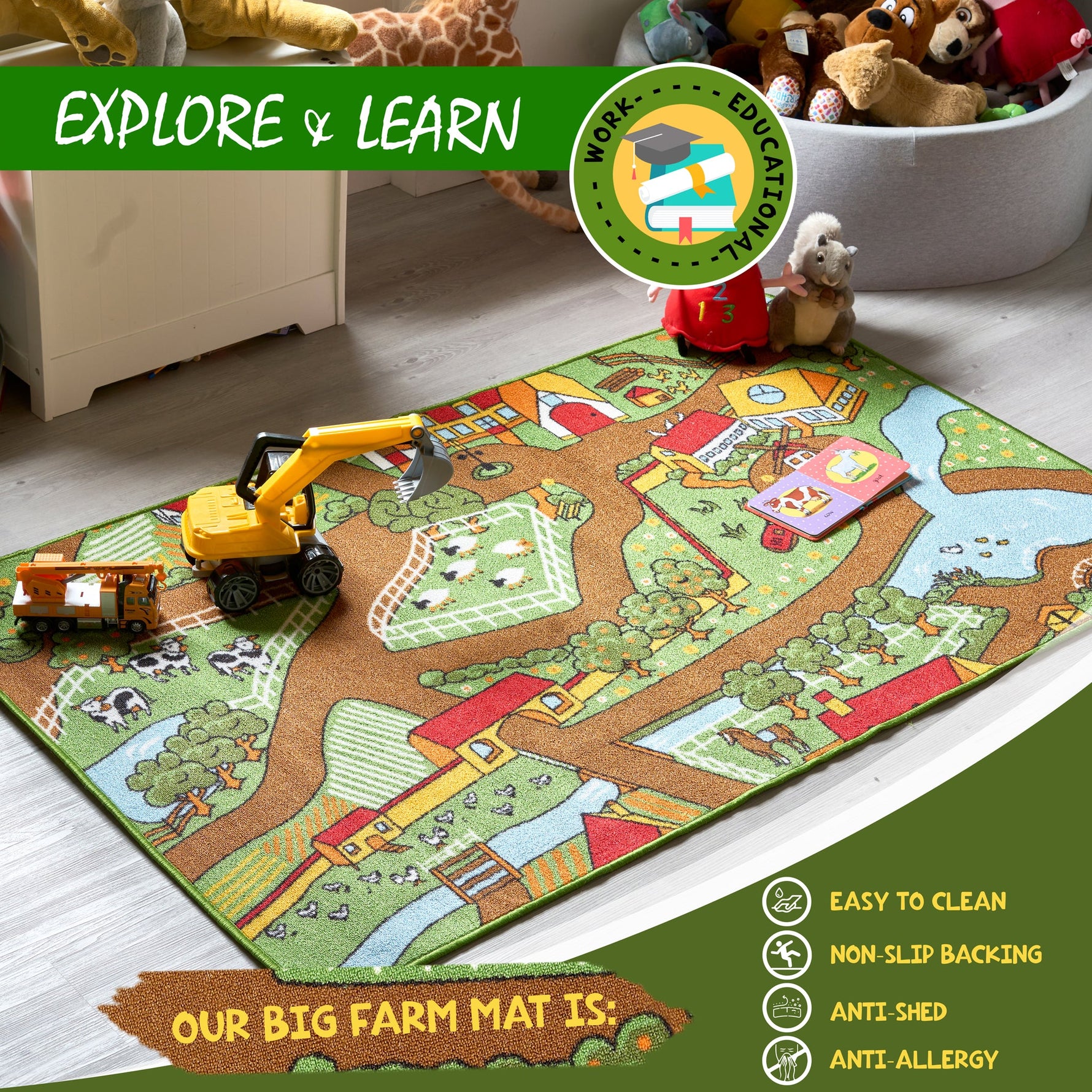 Farm Play Mat Nursery Play Room Non Slip Rug - Bargainia.com - 5056150233596