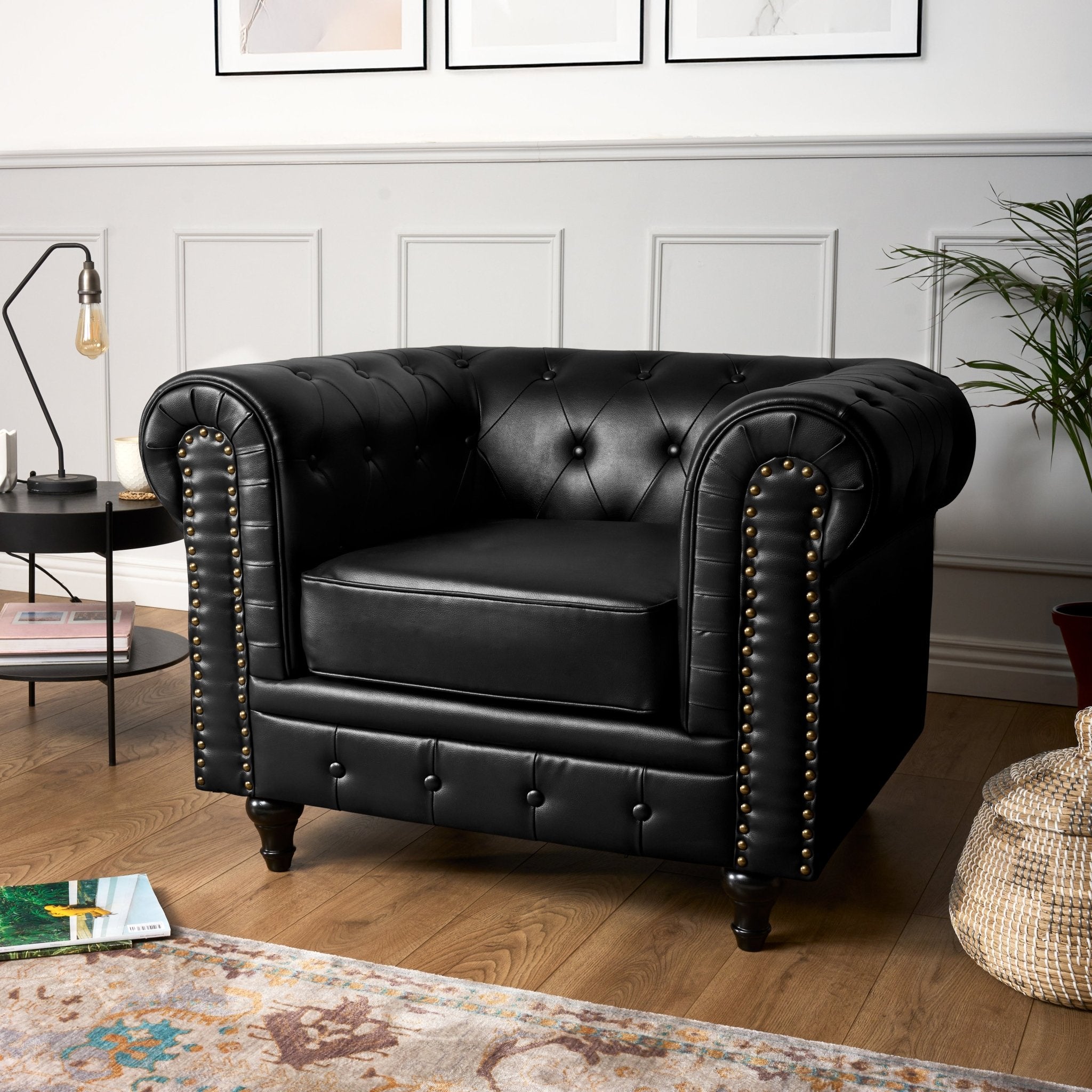 Faux Leather Chesterfield Arm Chair - Black - Bargainia.com - 5056536103642