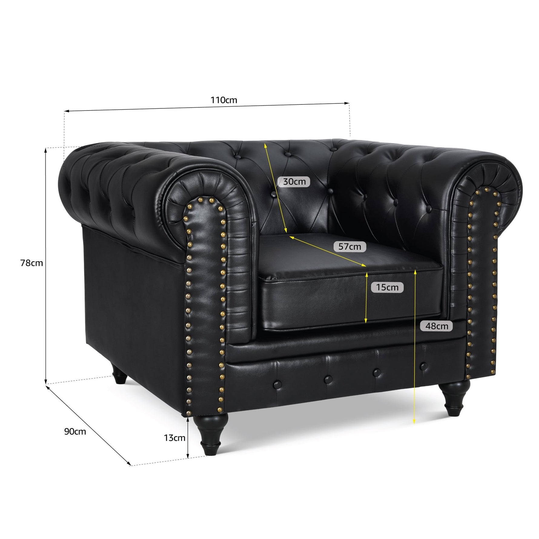 Faux Leather Chesterfield Arm Chair - Black - Bargainia.com - 5056536103642