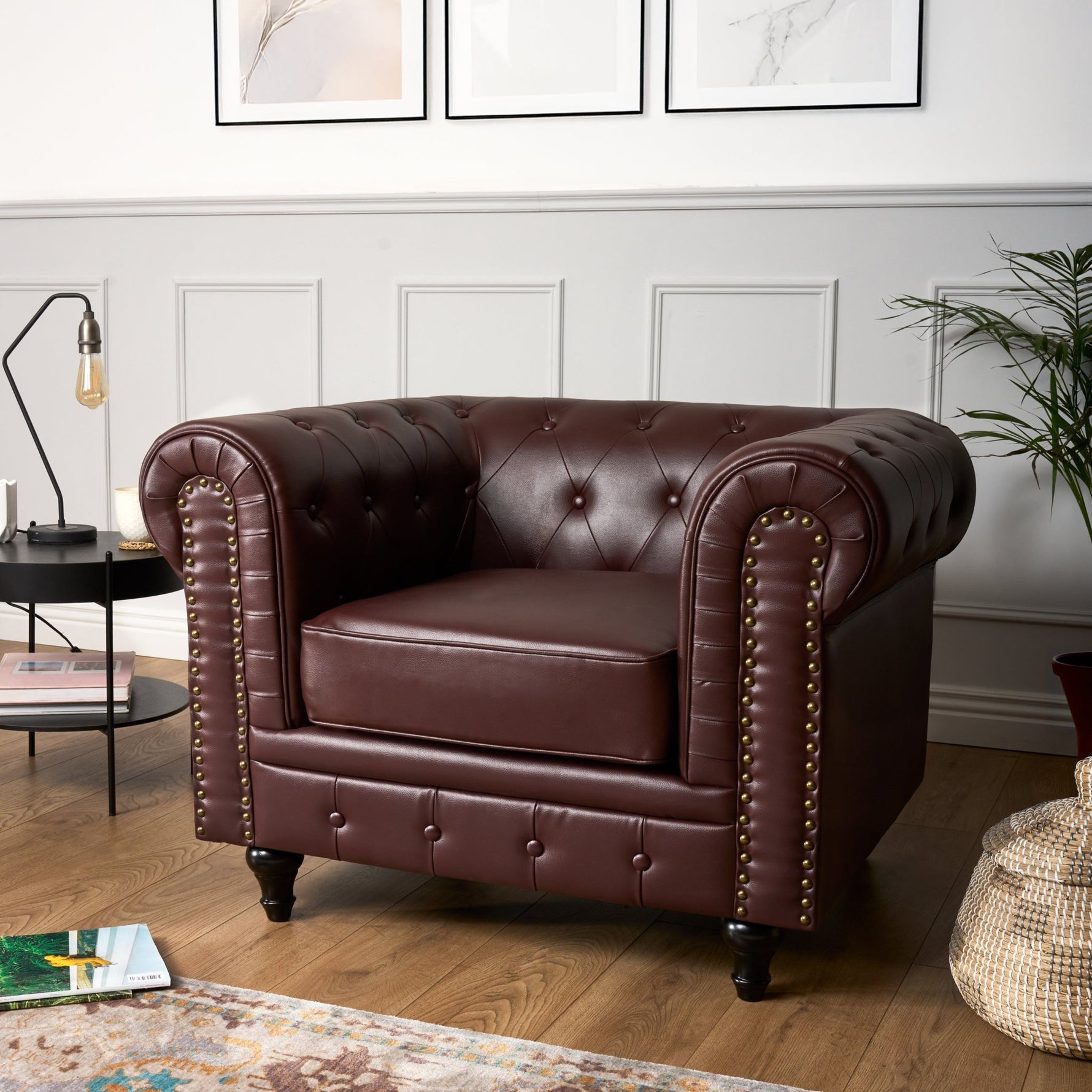 Faux Leather Chesterfield Arm Chair - Brown - Bargainia.com - 5056536103659