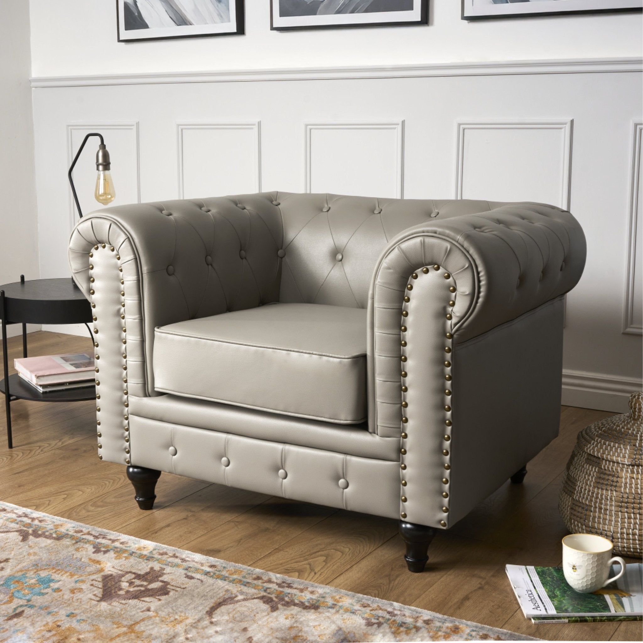 Faux Leather Chesterfield Arm Chair - Light Grey - Bargainia.com - 5056536103635