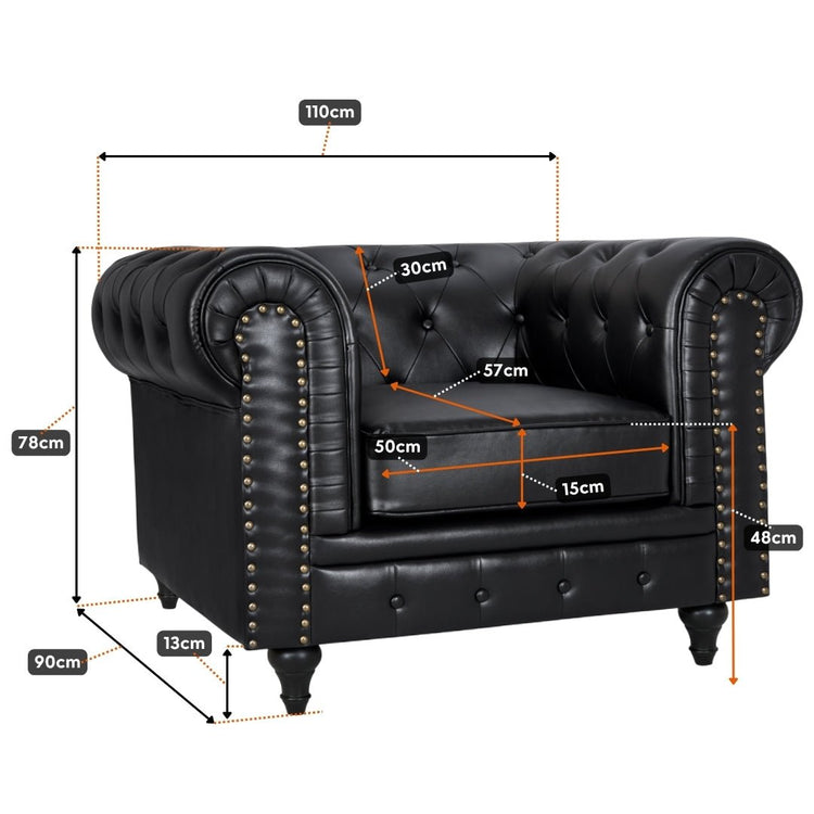 Faux Leather Chesterfield Arm Chair - Black - Bargainia.com - 