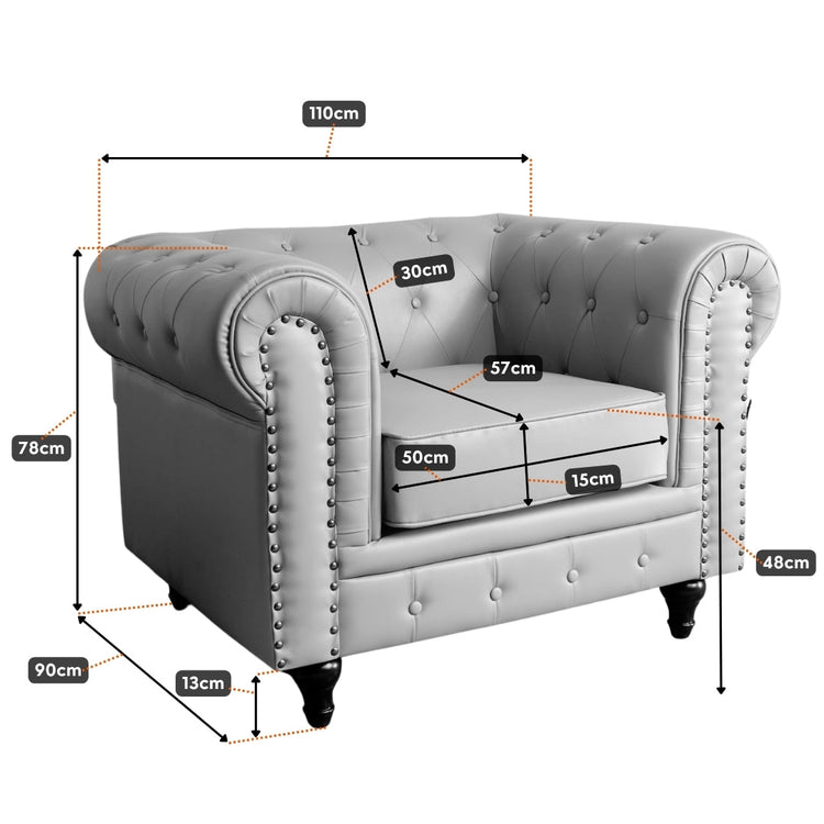 Faux Leather Chesterfield Arm Chair - Light Grey - Bargainia.com - 