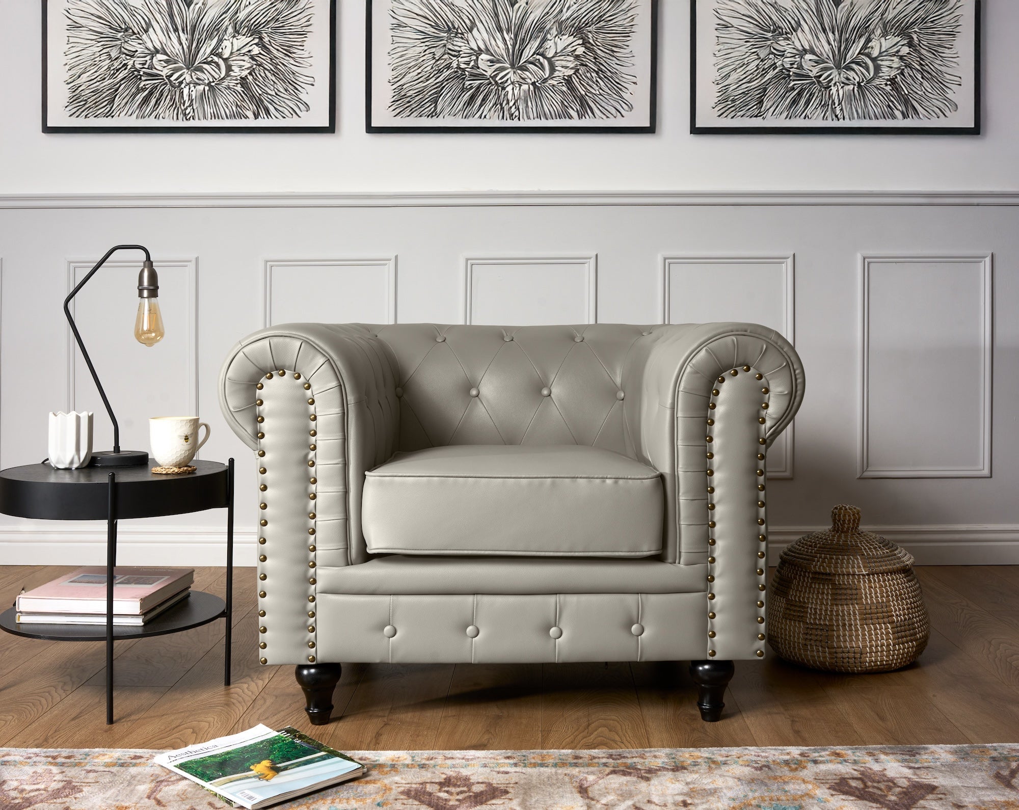 Faux Leather Chesterfield Armchair - Light Grey Furniture Bargainia