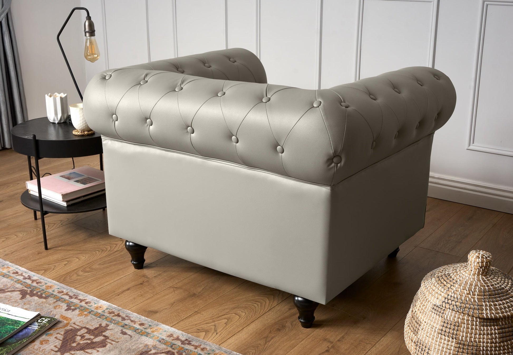Faux Leather Chesterfield Armchair - Light Grey Furniture Bargainia