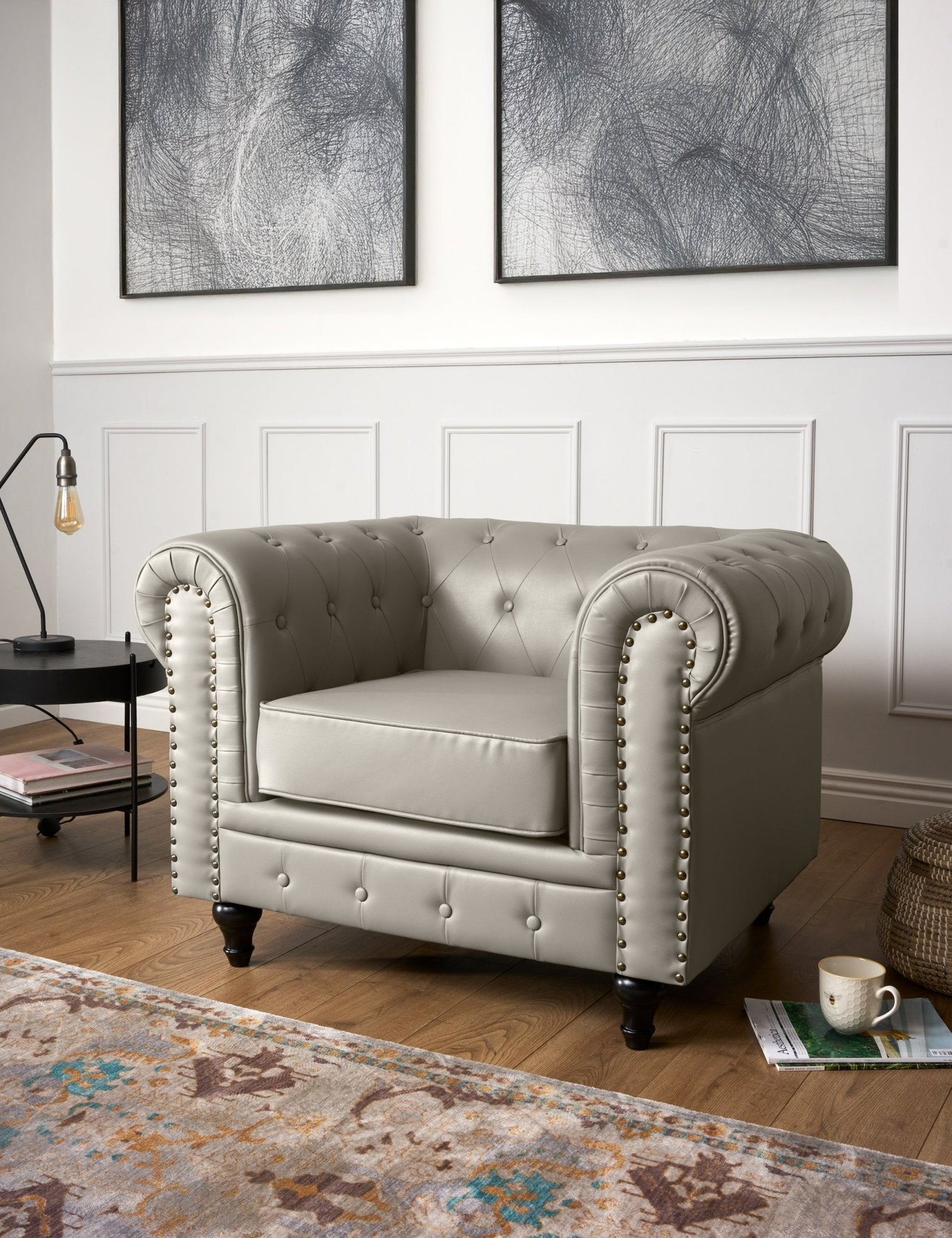 Faux Leather Chesterfield Armchair - Light Grey Furniture Bargainia