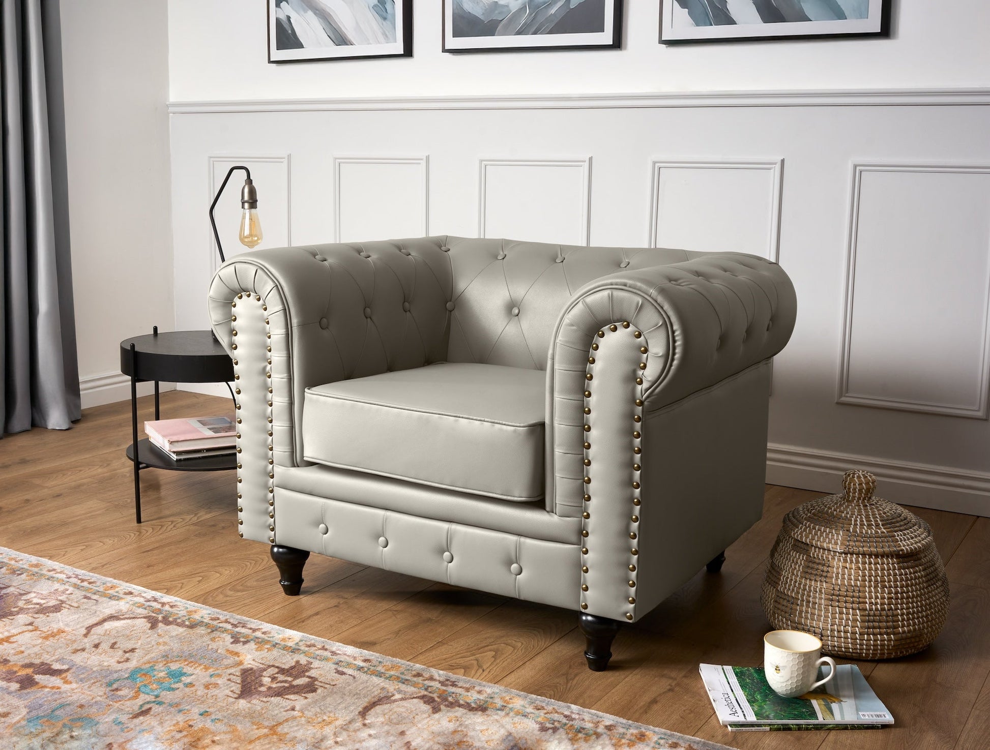 Faux Leather Chesterfield Armchair - Light Grey Furniture Bargainia