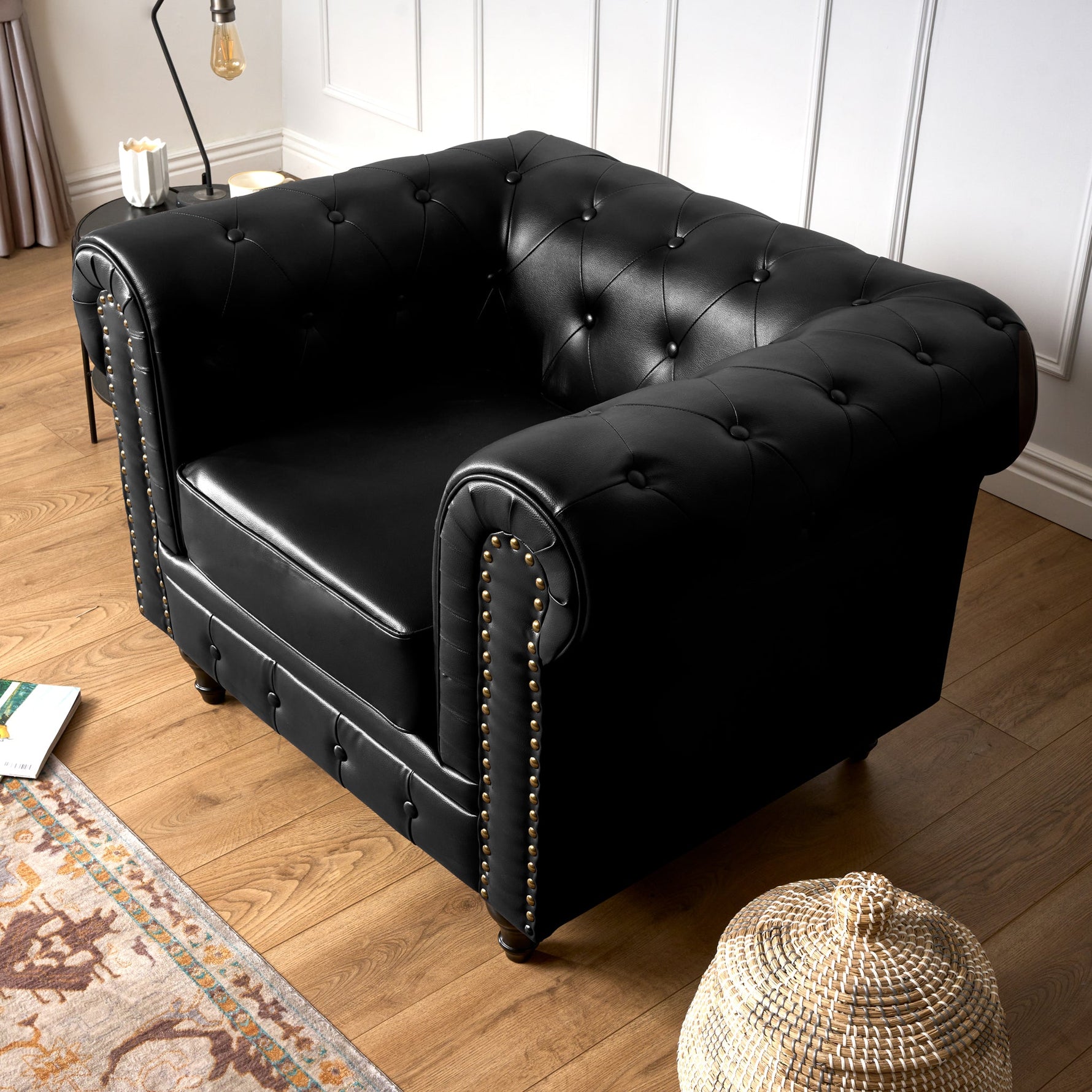 Faux Leather Chesterfield Sofa Suite - Black - Bargainia.com - 