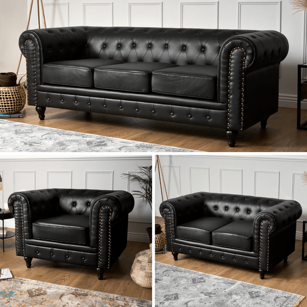 Faux Leather Chesterfield Three Seater Sofa - Black Furniture Bargainia