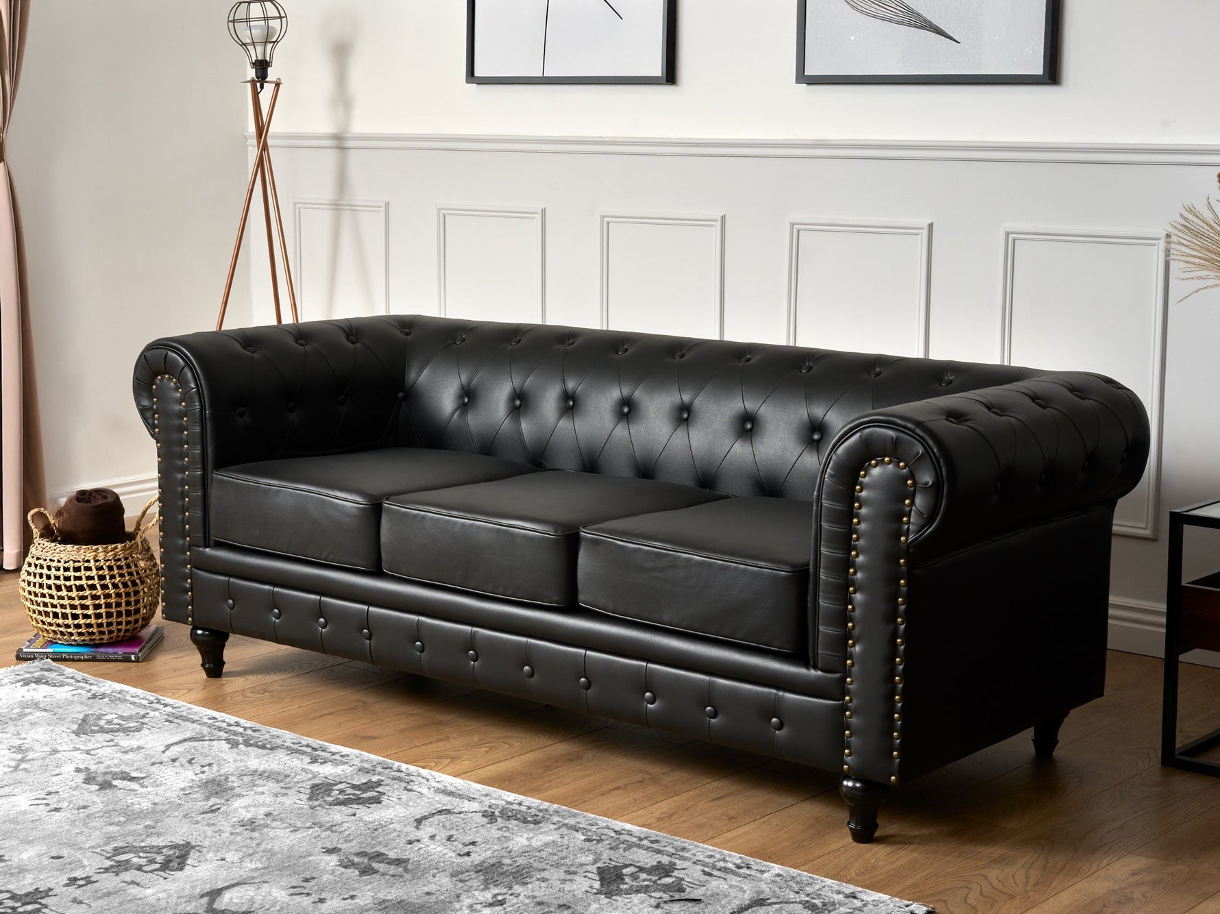 Faux Leather Chesterfield Sofa Suite - Black - Bargainia.com - 