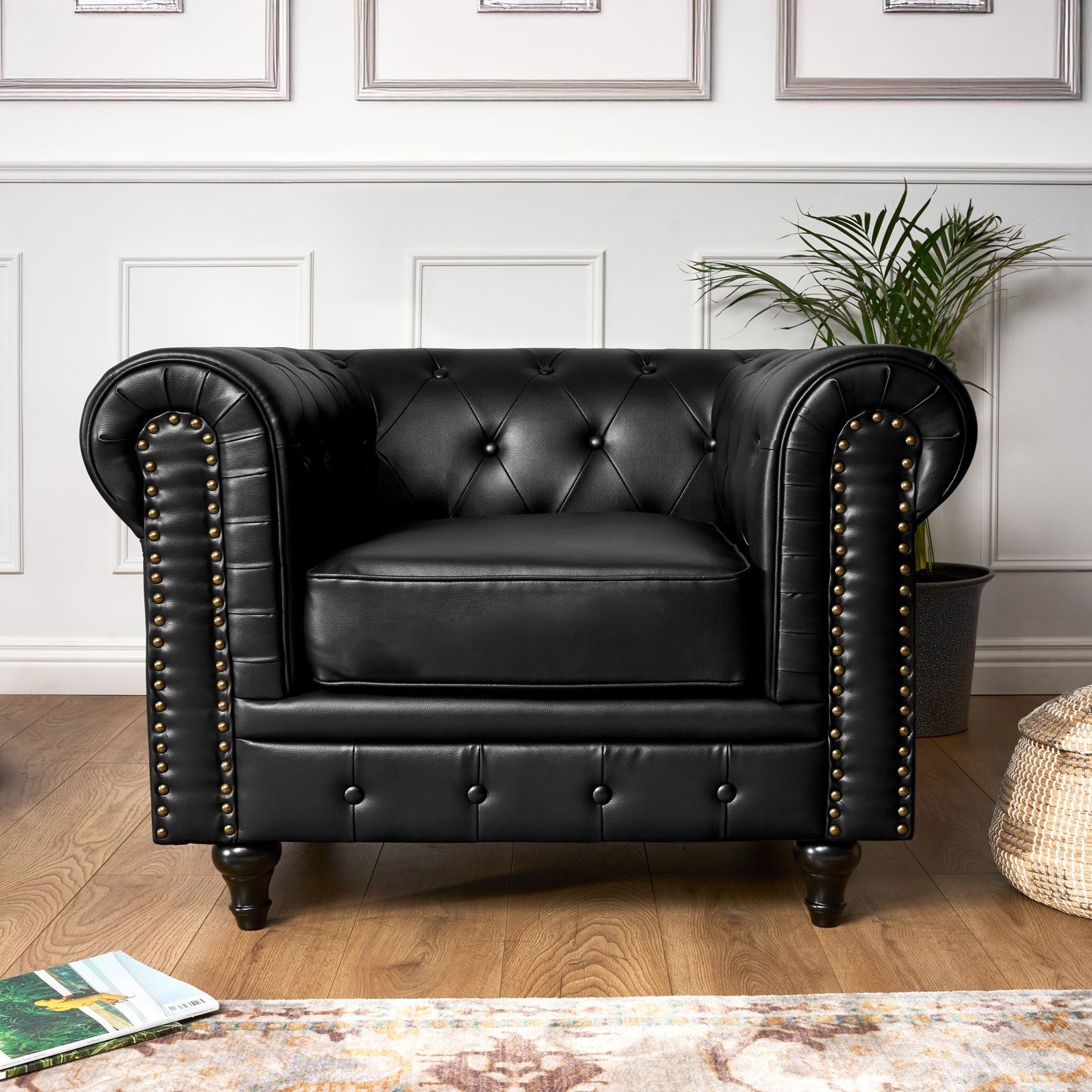 Faux Leather Chesterfield Armchair - Black Furniture Bargainia
