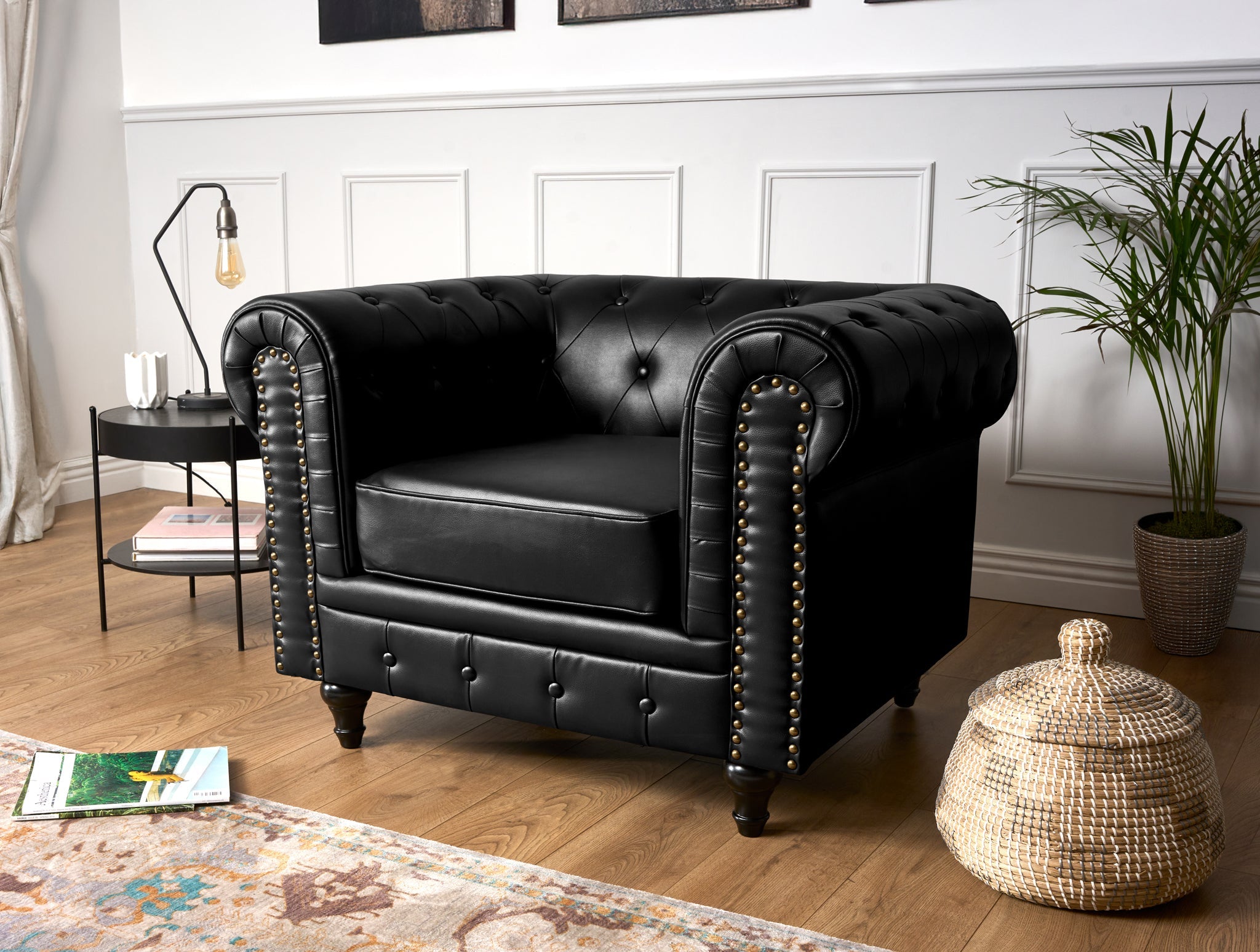 Faux Leather Chesterfield Armchair - Black Furniture Bargainia