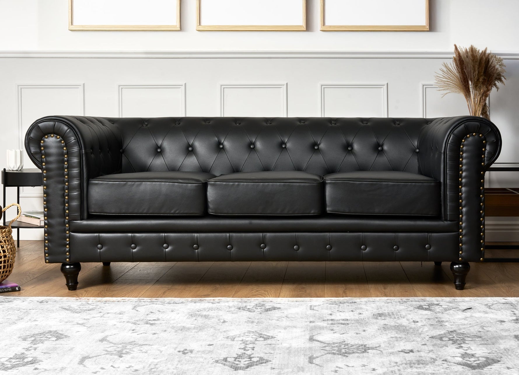 Faux Leather Chesterfield Sofa Suite - Black - Bargainia.com - 