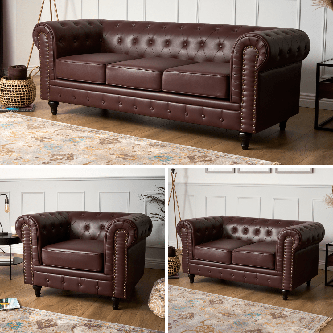 Faux Leather Chesterfield Sofa Suite - Brown - Bargainia.com - 