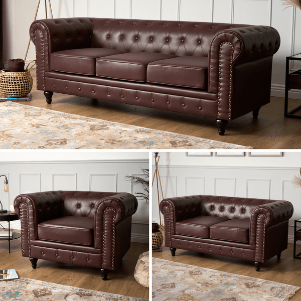 Faux Leather Chesterfield Sofa Suite - Brown Furniture Bargainia Full Suite 1 + 2 + 3 Seater