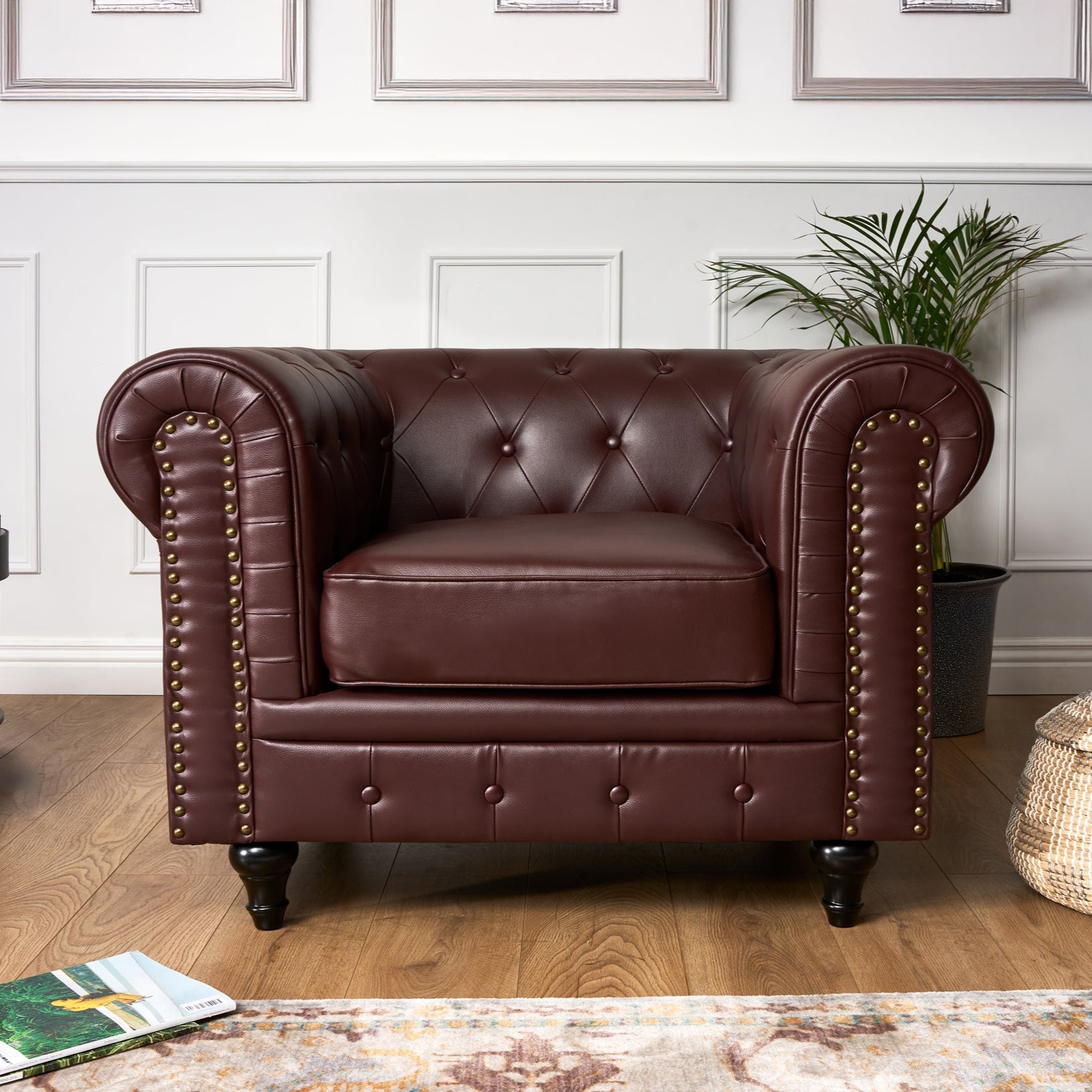 Faux Leather Chesterfield Armchair - Brown Furniture Bargainia