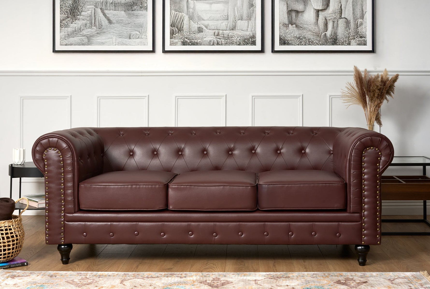 Faux Leather Chesterfield Sofa Suite - Brown - Bargainia.com - 