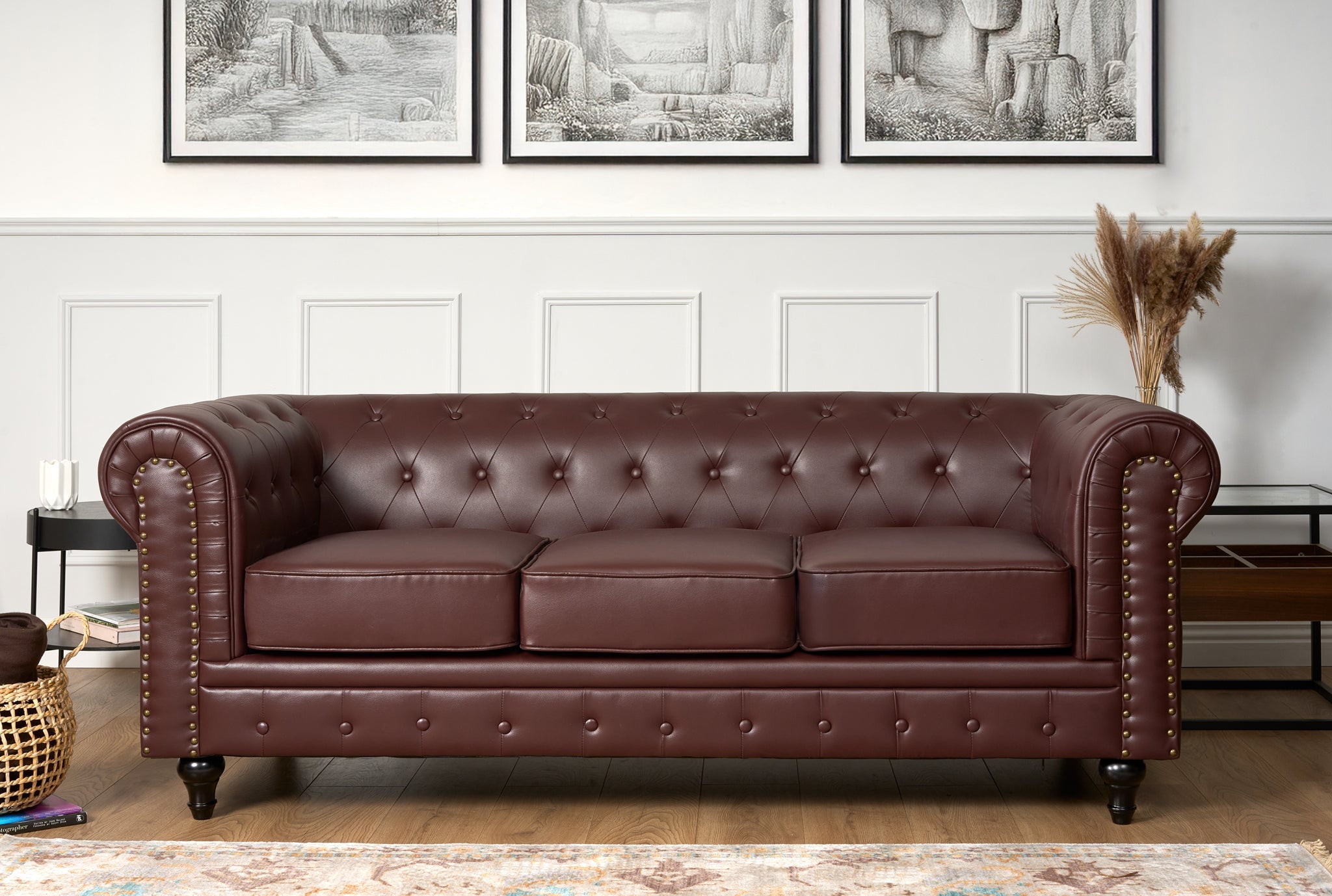 Faux Leather Chesterfield Sofa Suite - Brown