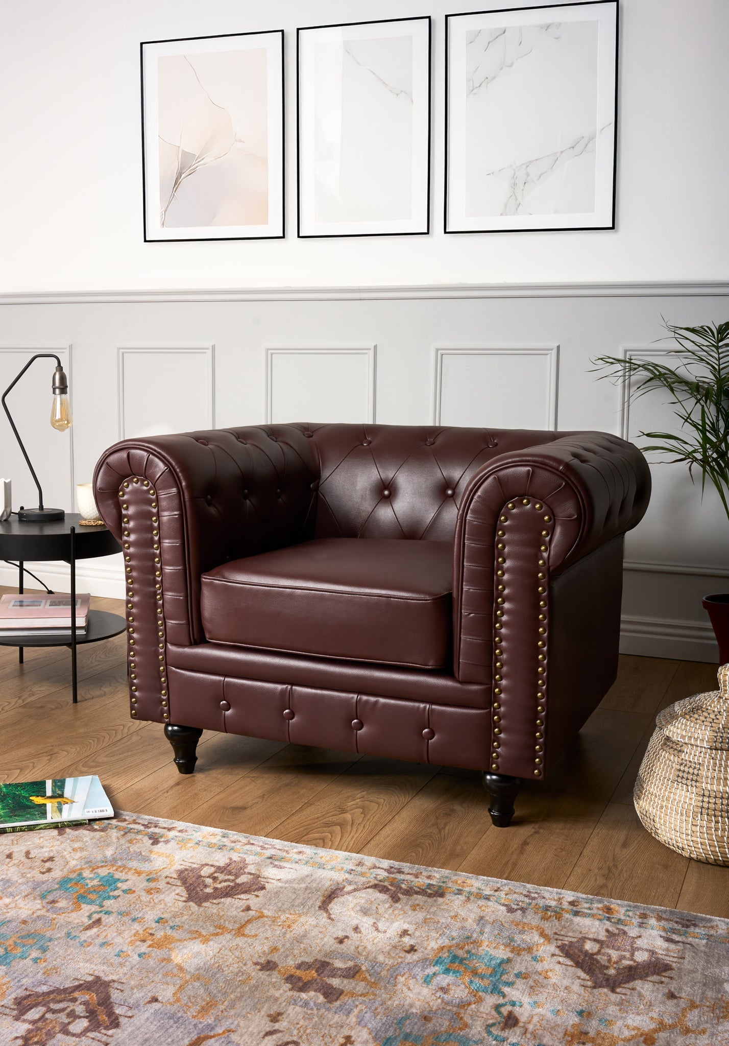 Faux Leather Chesterfield Armchair - Brown Furniture Bargainia