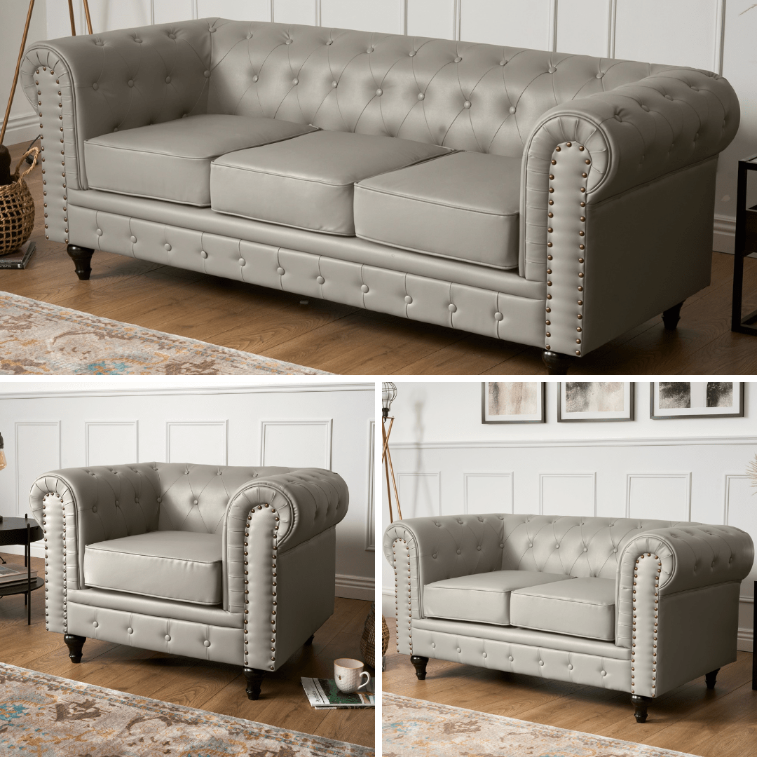 Faux Leather Chesterfield Sofa Suite - Light Grey - Bargainia.com - 