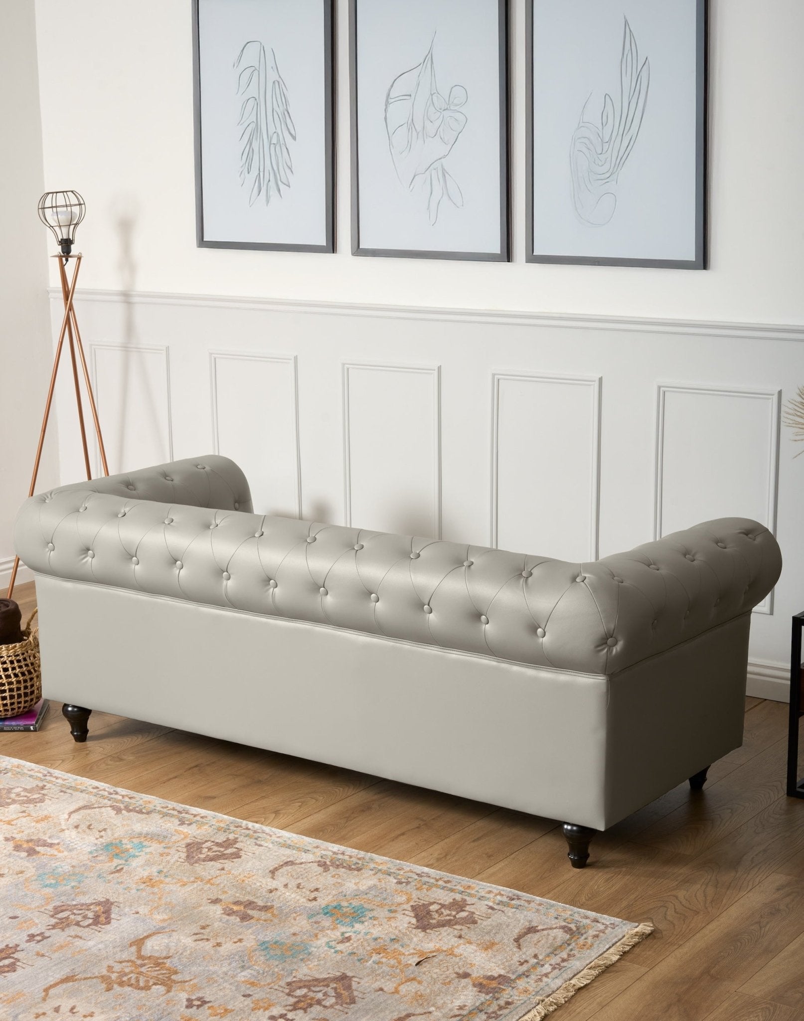 Faux Leather Chesterfield Three Seater Sofa - Light Grey Furniture Bargainia