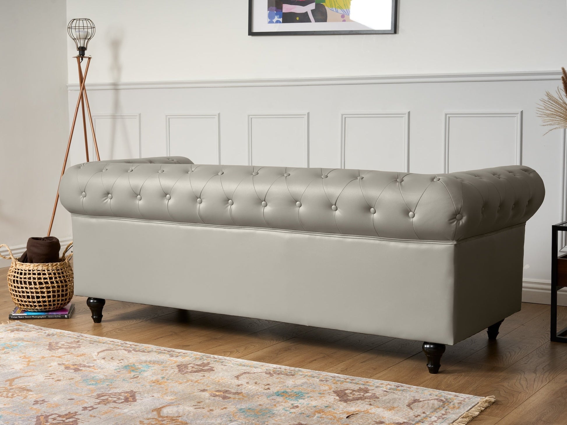 Faux Leather Chesterfield Three Seater Sofa - Light Grey Furniture Bargainia