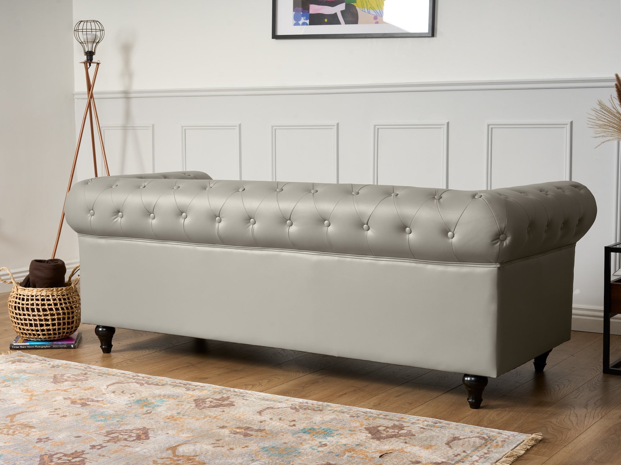 Faux Leather Chesterfield Three Seater Sofa - Light Grey Furniture Bargainia