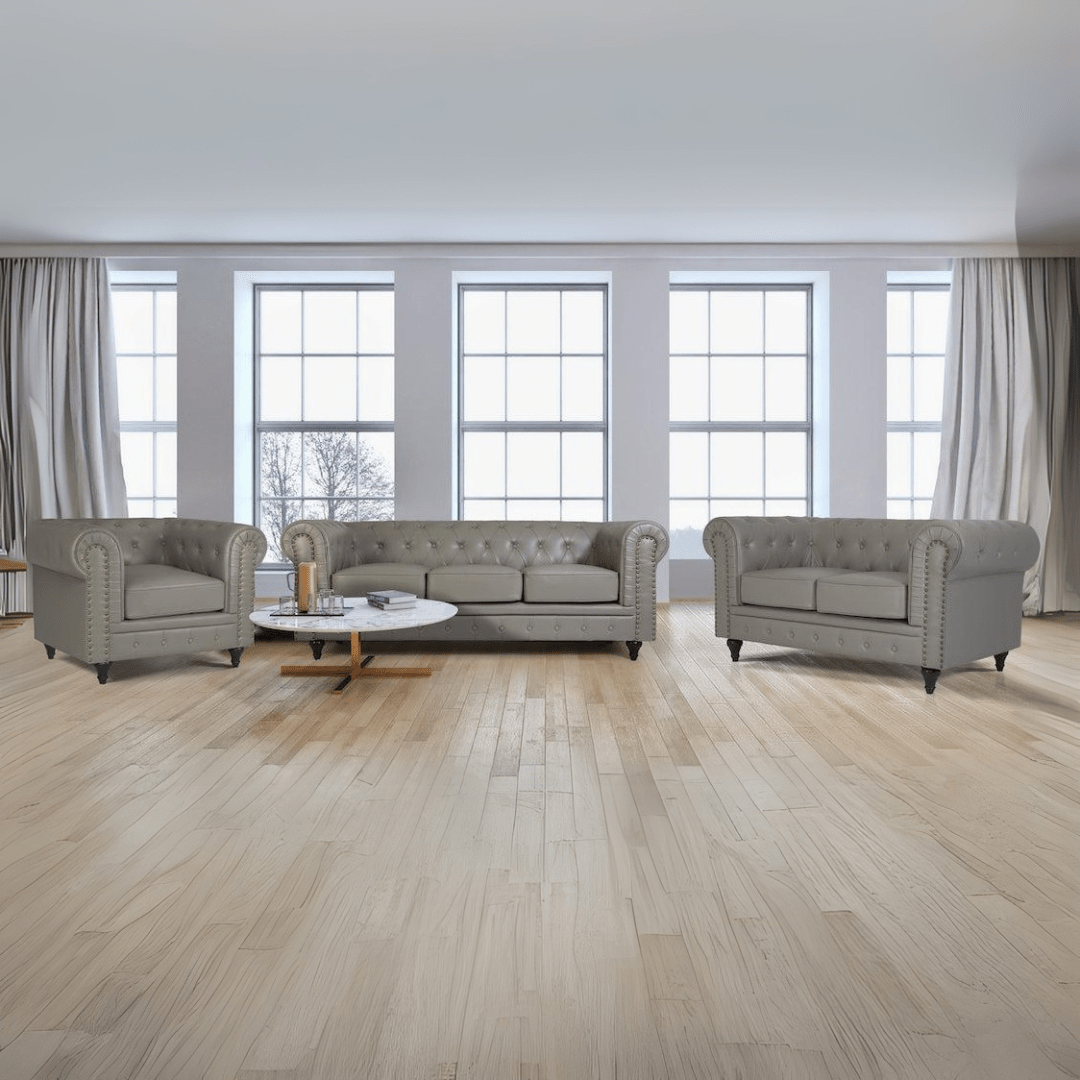 Faux Leather Chesterfield Sofa Suite - Light Grey Furniture Bargainia