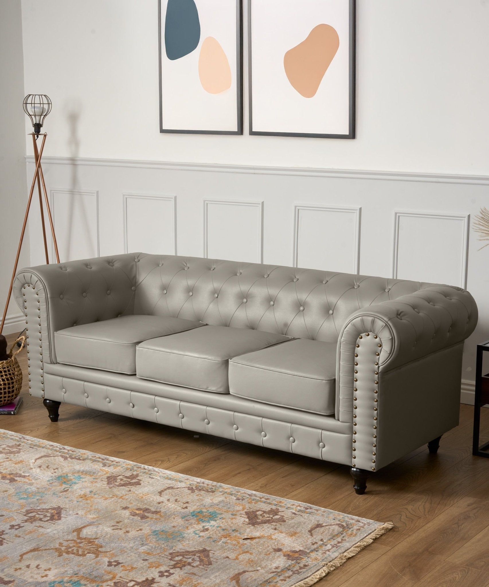 Faux Leather Chesterfield Three Seater Sofa - Light Grey Furniture Bargainia