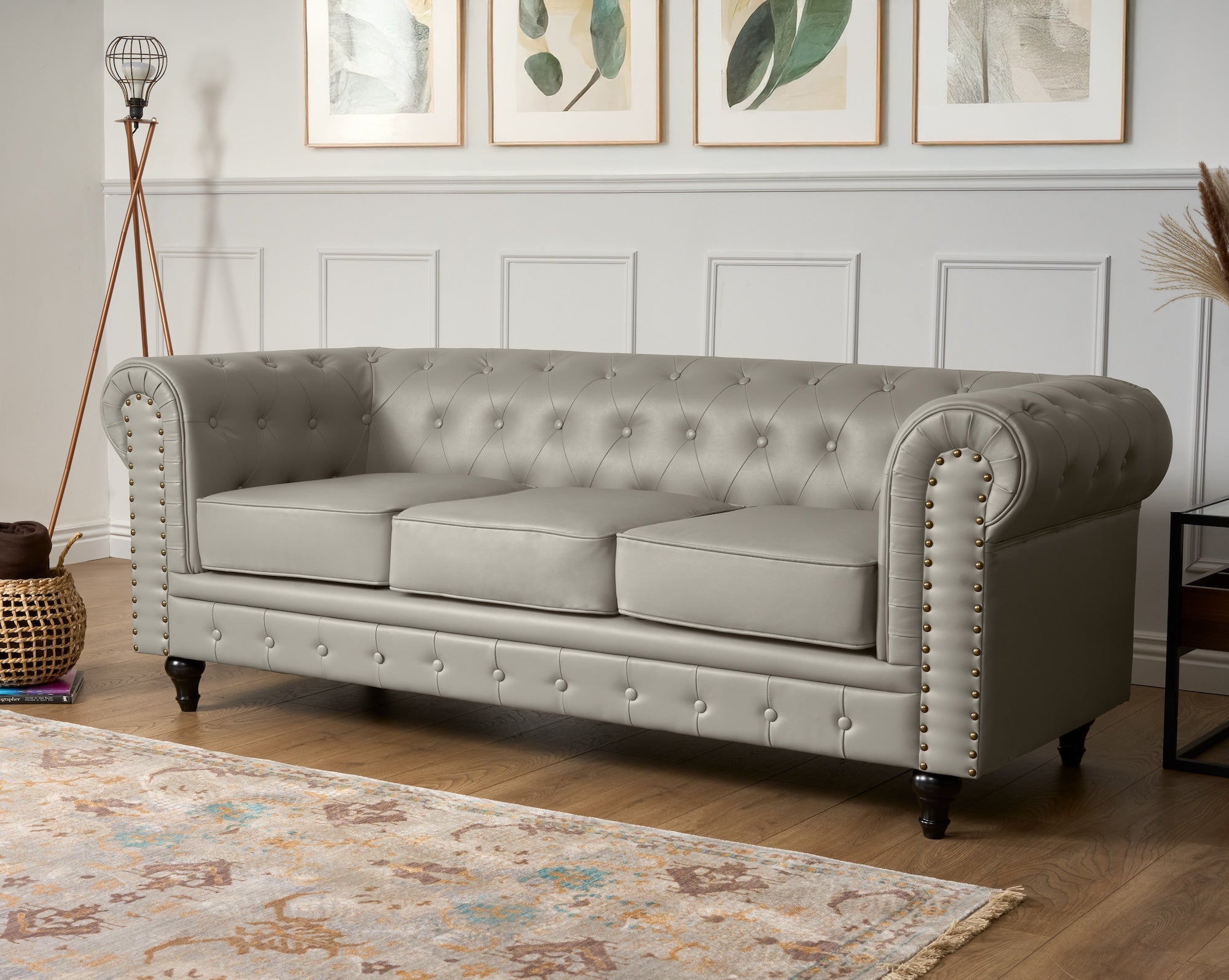 Faux Leather Chesterfield Sofa Suite - Light Grey - Bargainia.com - 