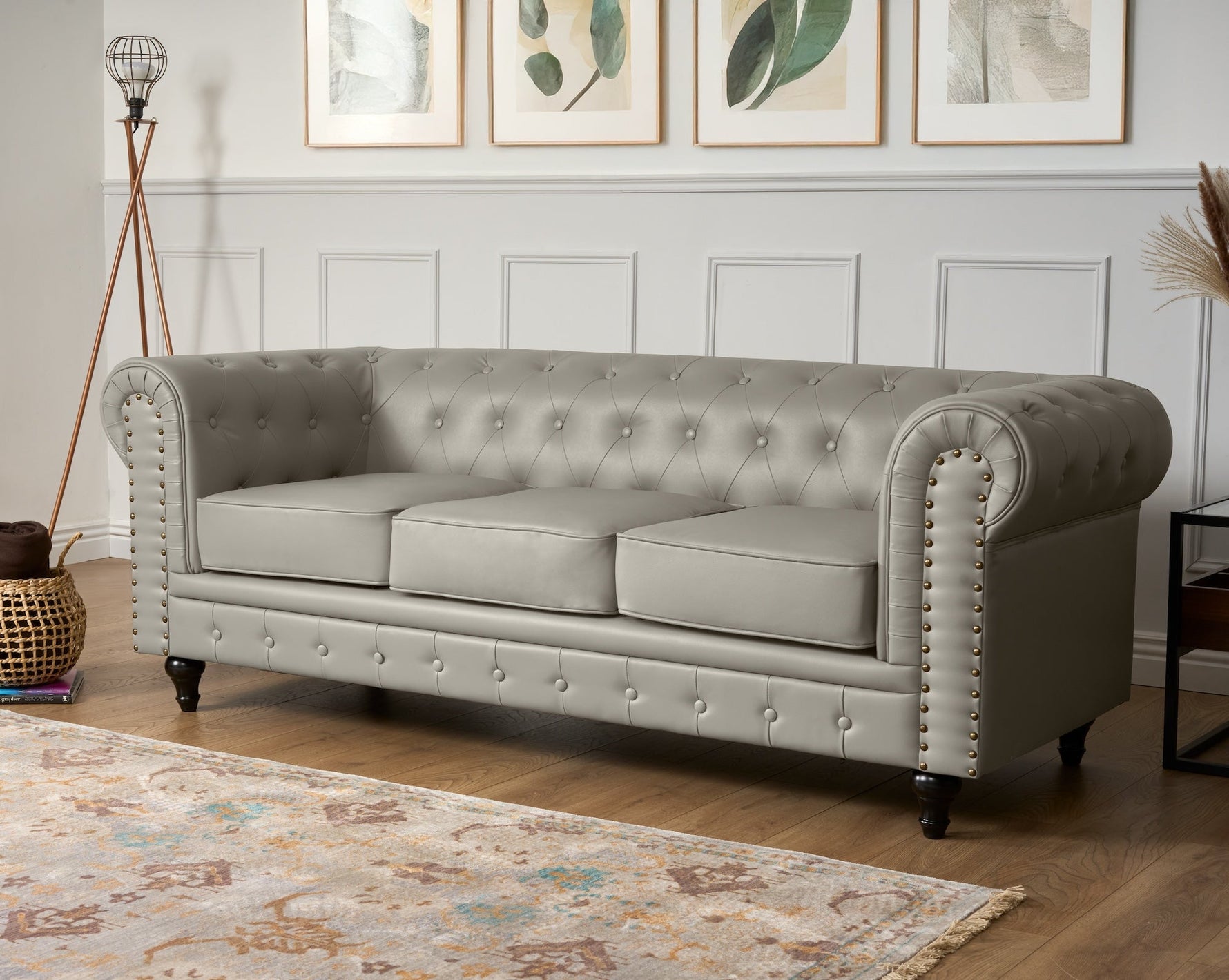 Faux Leather Chesterfield Sofa Suite - Light Grey - Bargainia.com - 