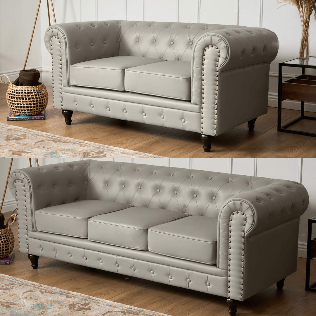 Faux Leather Chesterfield Sofa Suite - Light Grey - Bargainia.com - 