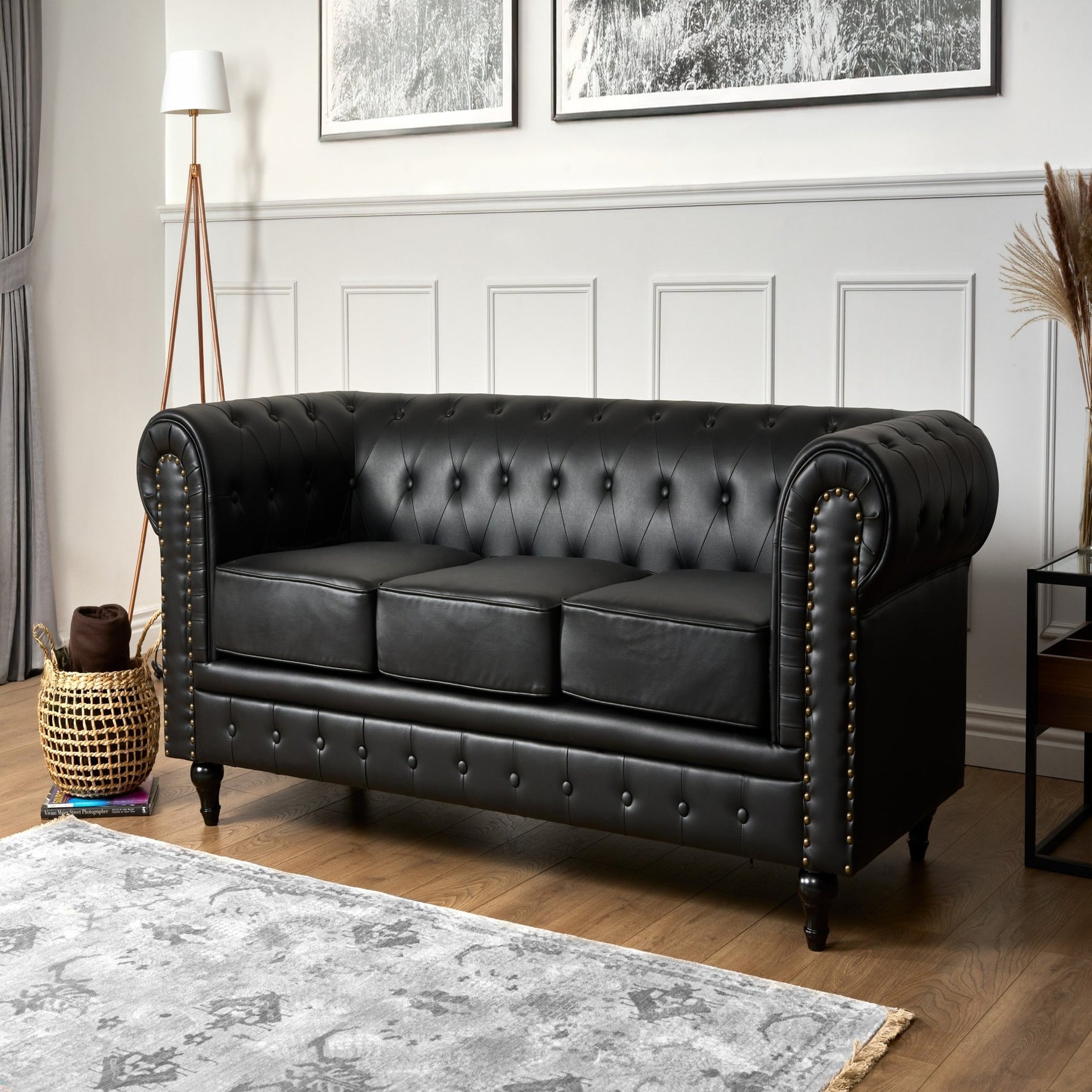 Faux Leather Chesterfield Three Seater Sofa - Black - Bargainia.com - 5056536105950