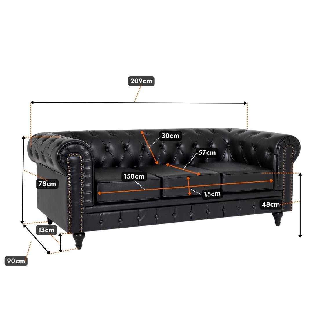 Faux Leather Chesterfield Three Seater Sofa - Black - Bargainia.com - 5056536105950 - H - 8200 - BOND - BLK - 3