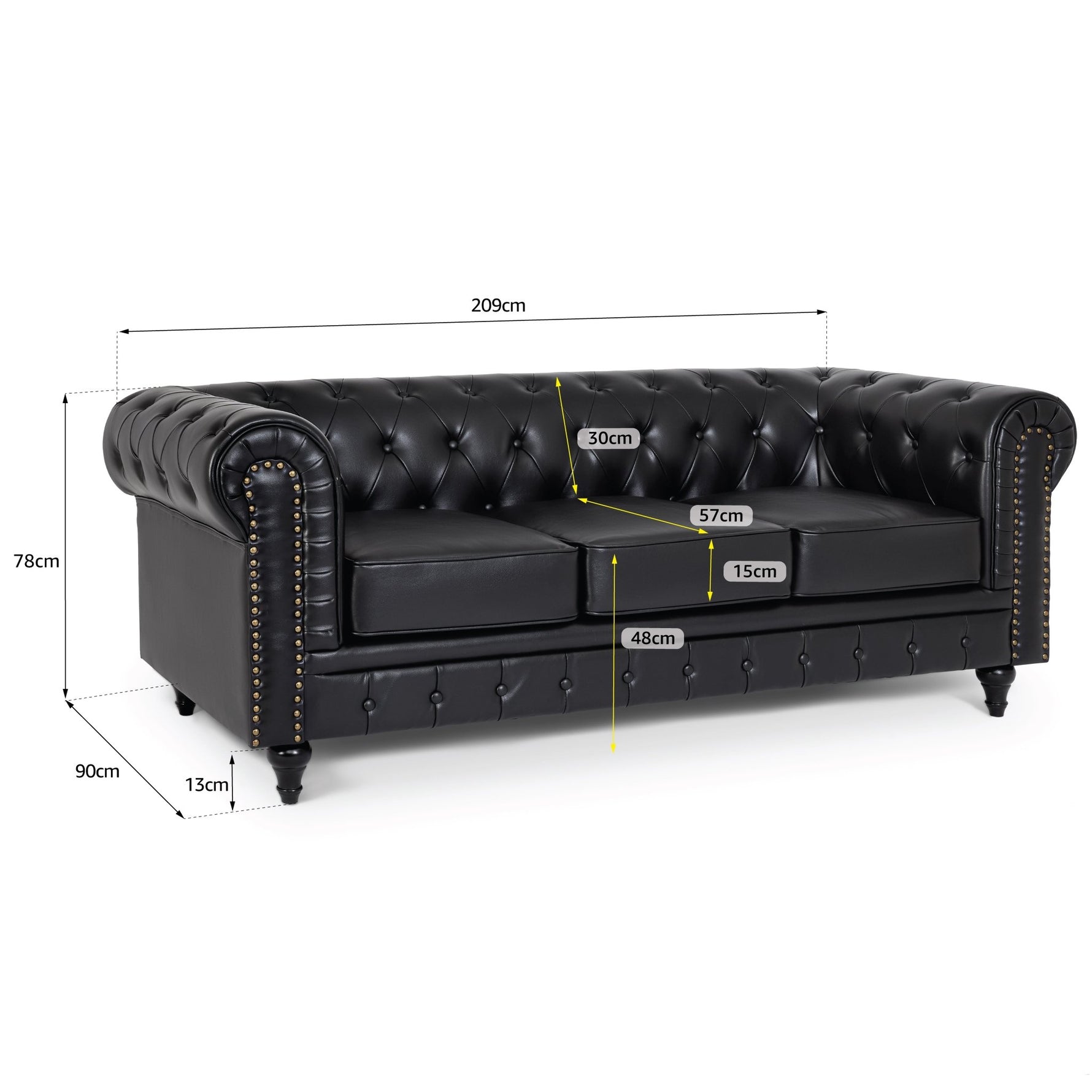 Faux Leather Chesterfield Three Seater Sofa - Black - Bargainia.com - 5056536105950