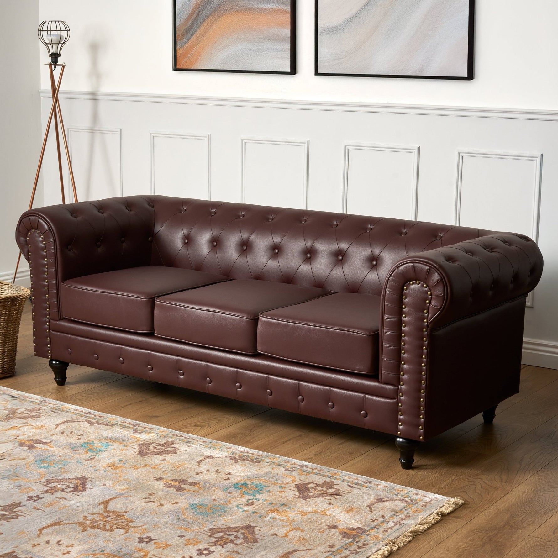 Faux Leather Chesterfield Three Seater Sofa - Brown - Bargainia.com - 5056536105981