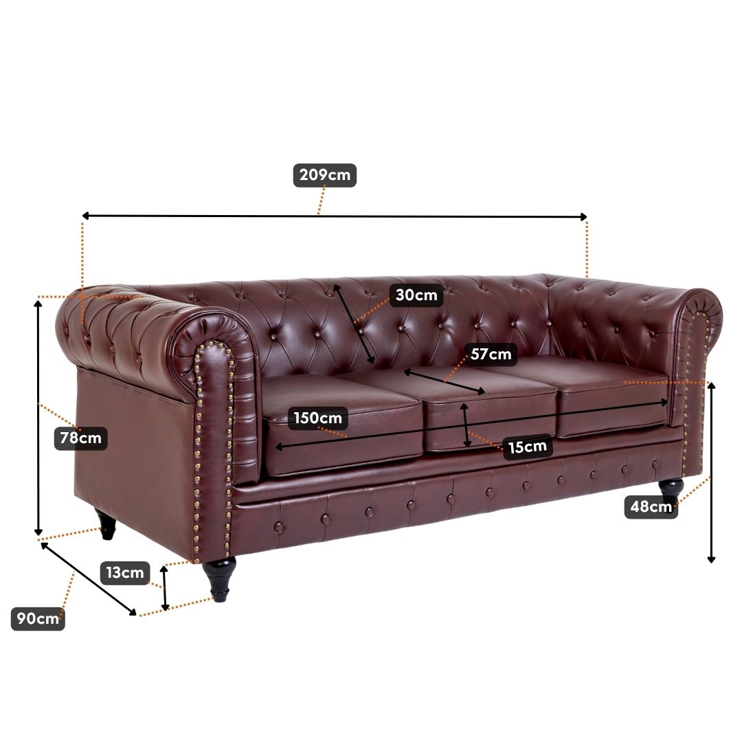 Faux Leather Chesterfield Three Seater Sofa - Brown - Bargainia.com - 