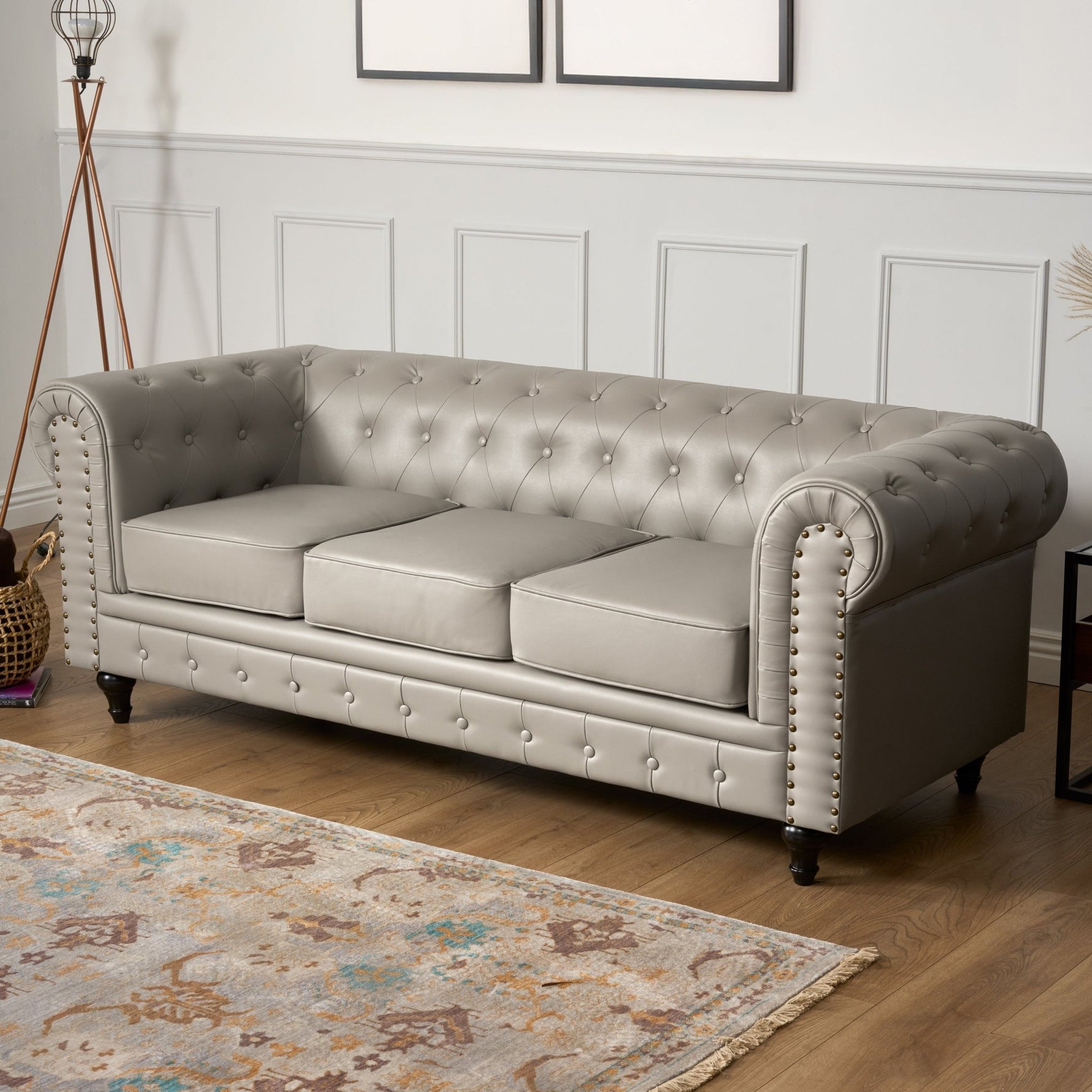 Faux Leather Chesterfield Three Seater Sofa - Light Grey - Bargainia.com - 5056536106018