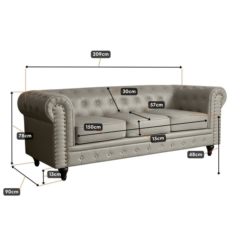 Faux Leather Chesterfield Three Seater Sofa - Light Grey - Bargainia.com - 