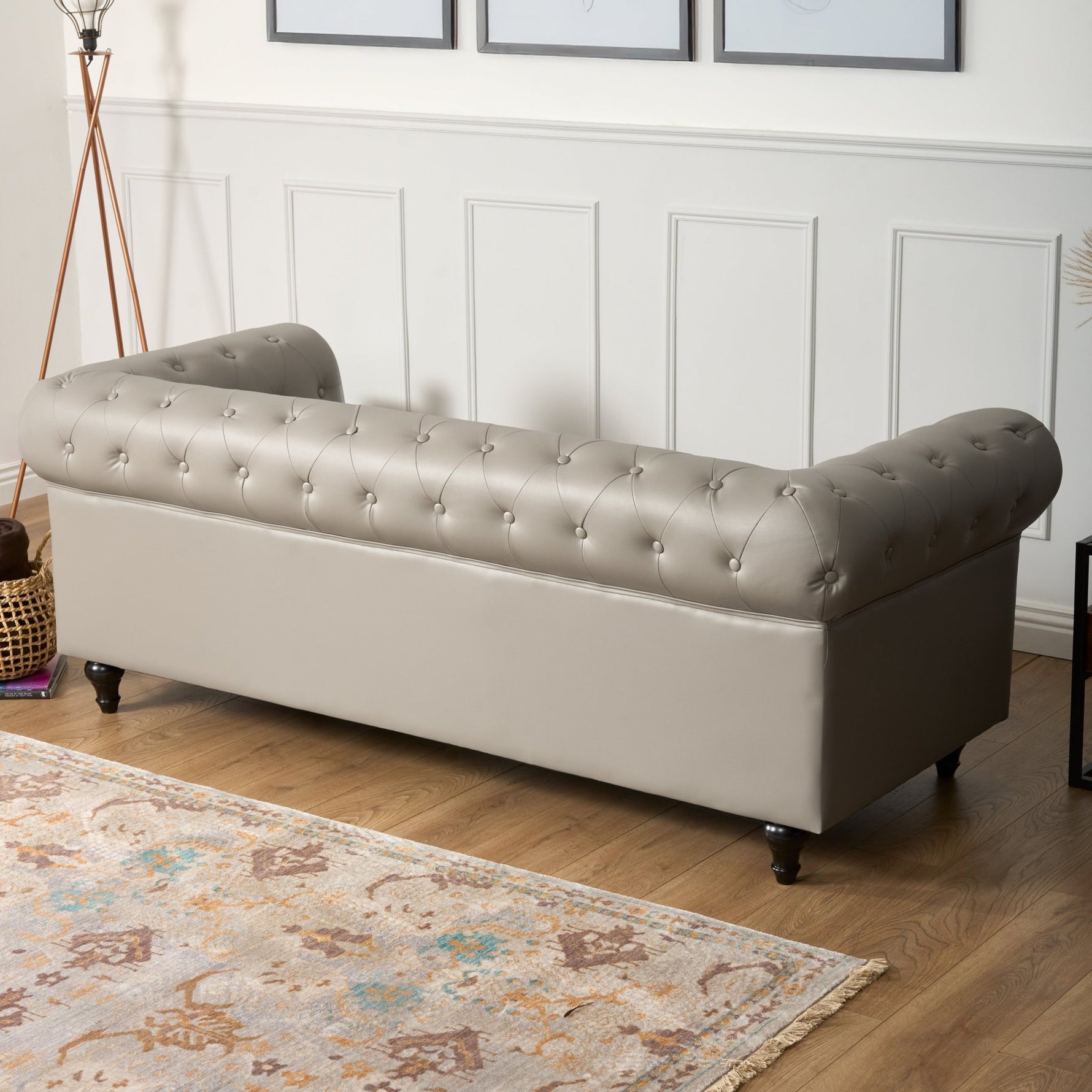 Faux Leather Chesterfield Three Seater Sofa - Light Grey - Bargainia.com - 5056536106018