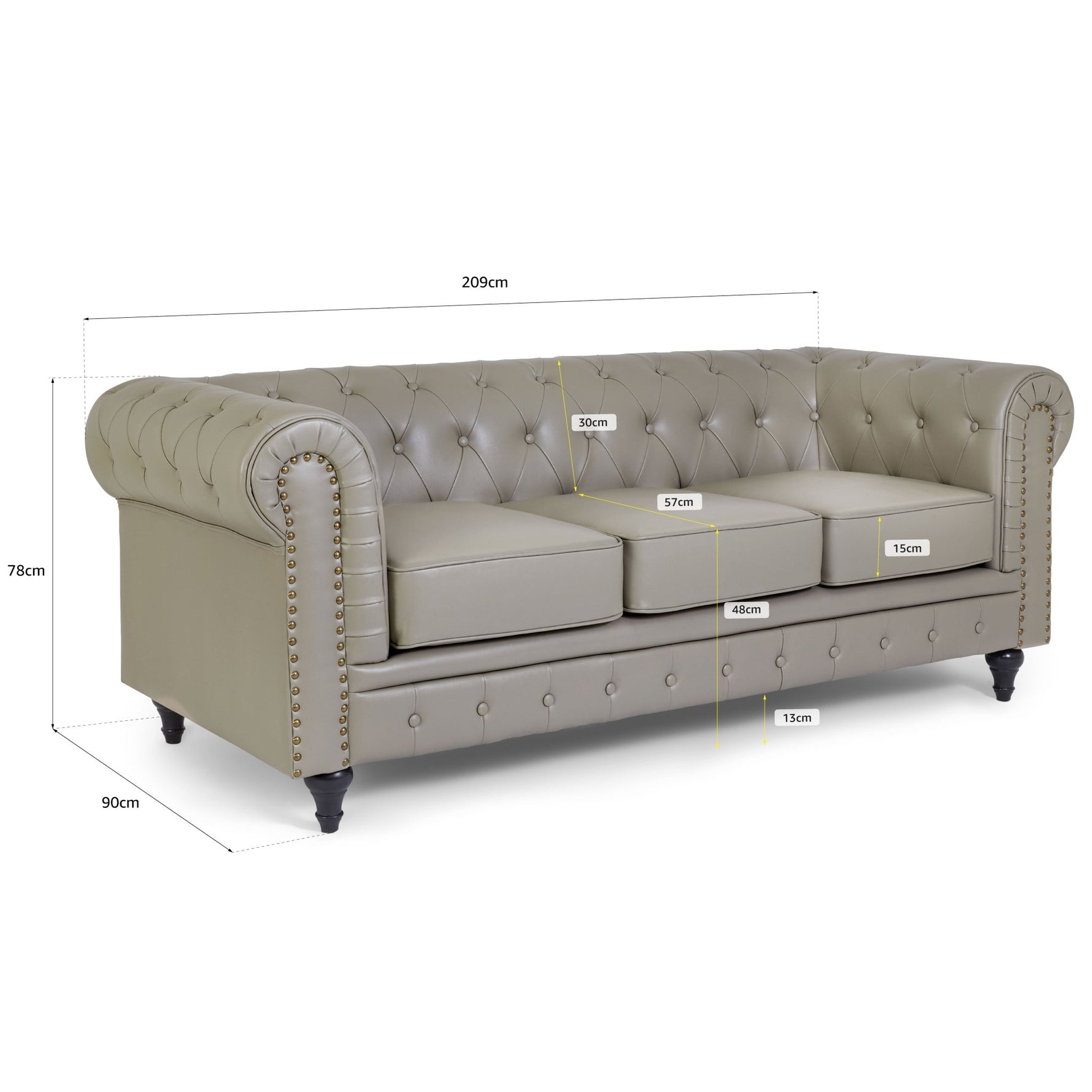 Faux Leather Chesterfield Three Seater Sofa - Light Grey - Bargainia.com - 5056536106018