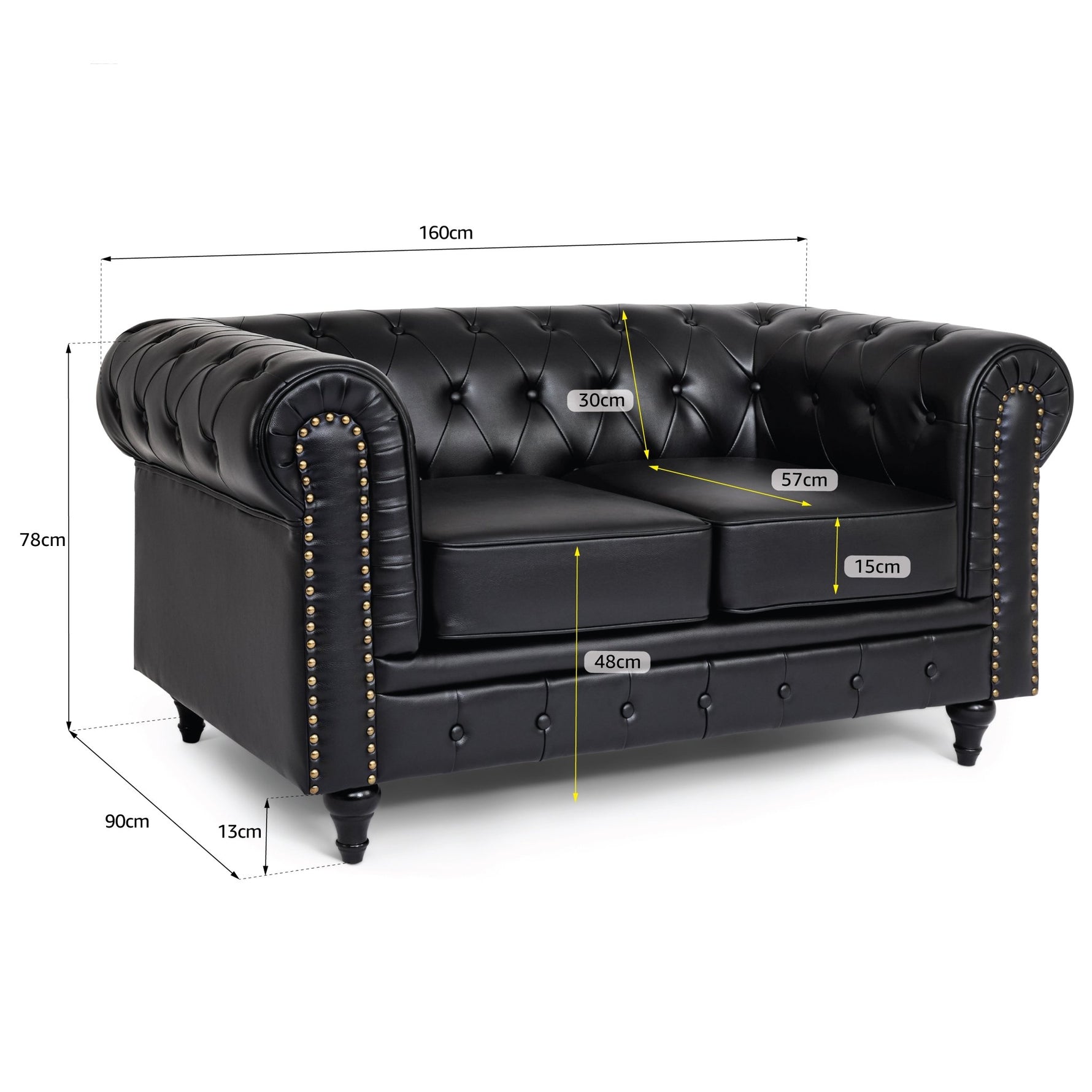 Faux Leather Chesterfield Two Seater Sofa - Black - Bargainia.com - 5056536105943