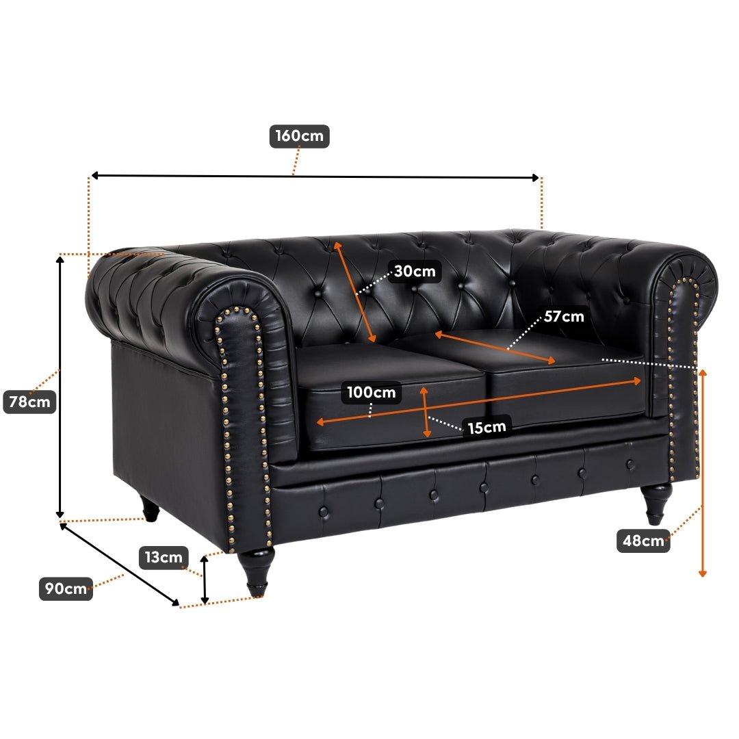 Faux Leather Chesterfield Two Seater Sofa - Black Furniture Bargainia