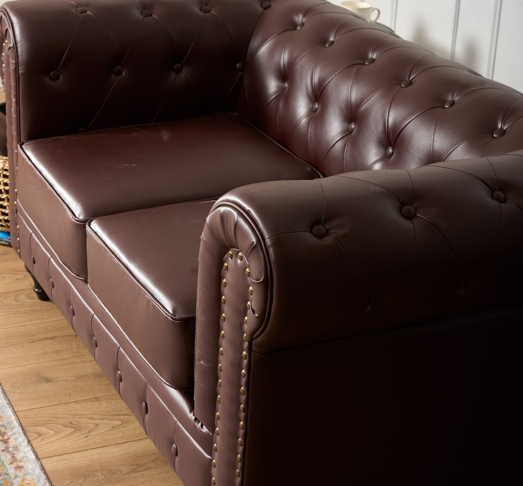 Faux Leather Chesterfield Two Seater Sofa - Brown - Bargainia.com - 