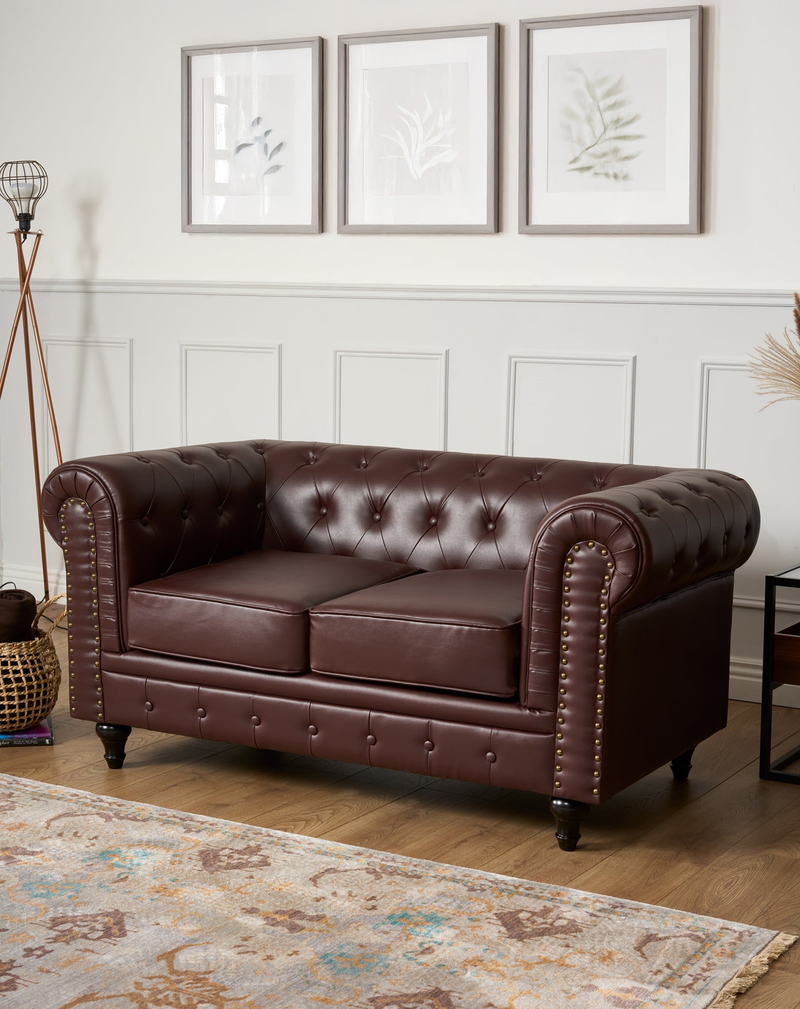 Faux Leather Chesterfield Two Seater Sofa - Brown - Bargainia.com - 