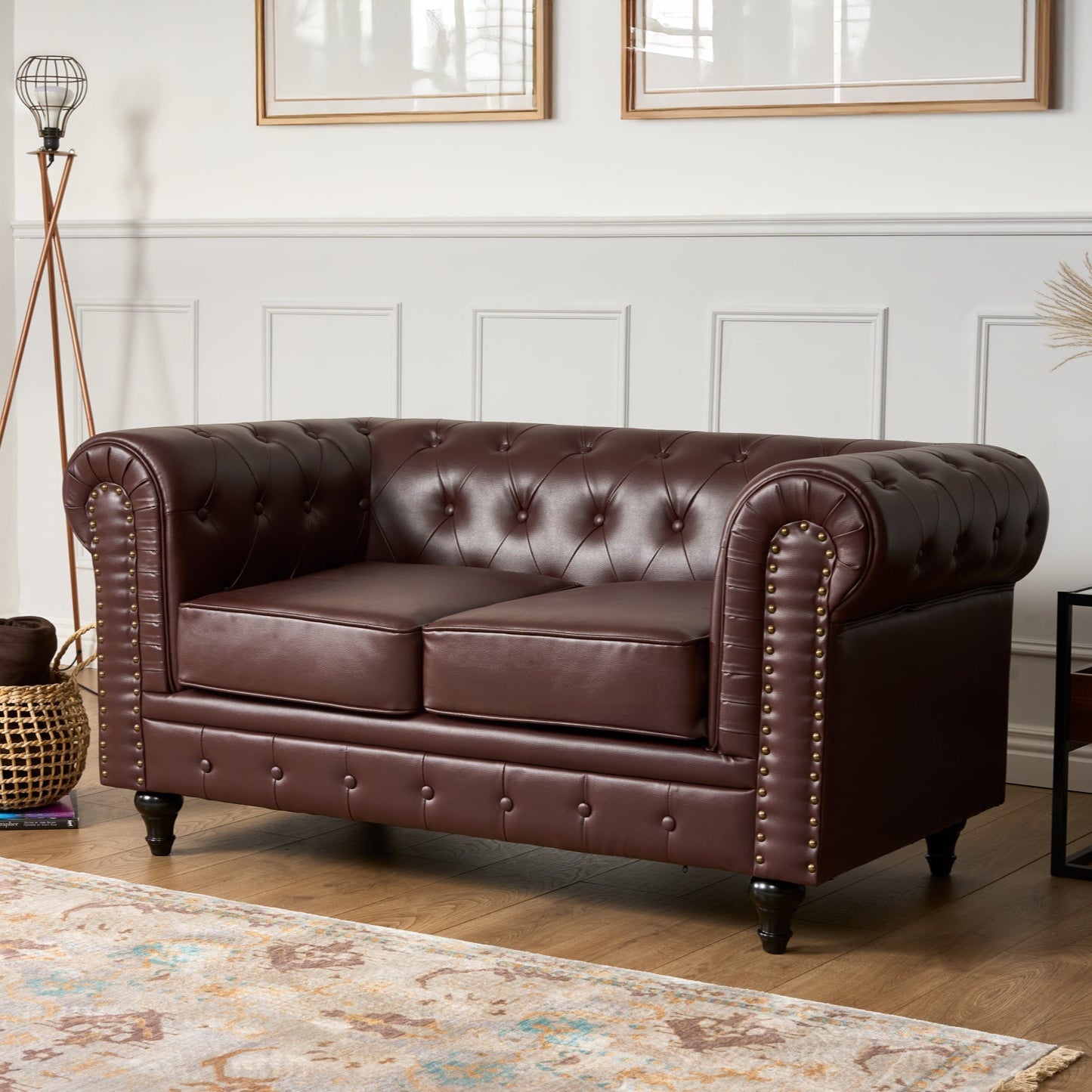 Faux Leather Chesterfield Two Seater Sofa - Brown - Bargainia.com - 