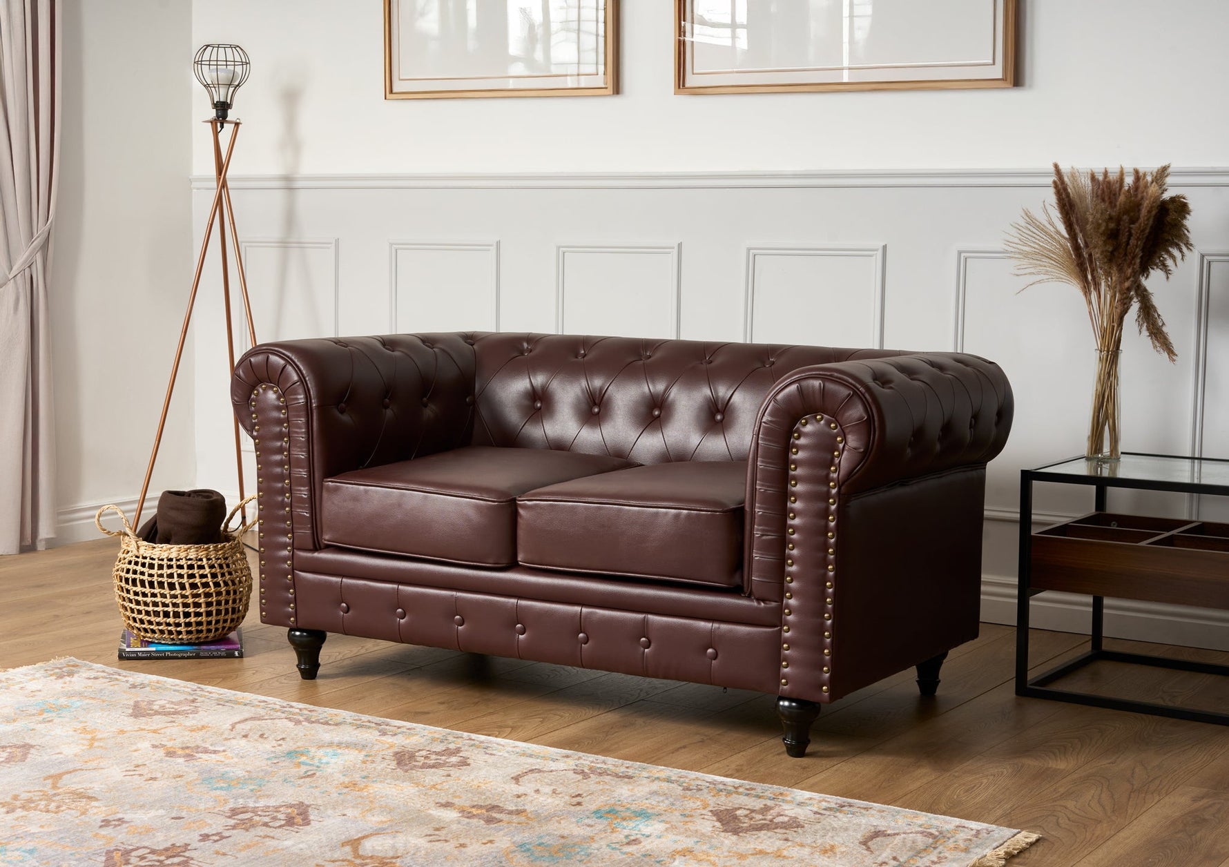 Faux Leather Chesterfield Two Seater Sofa - Brown - Bargainia.com - 