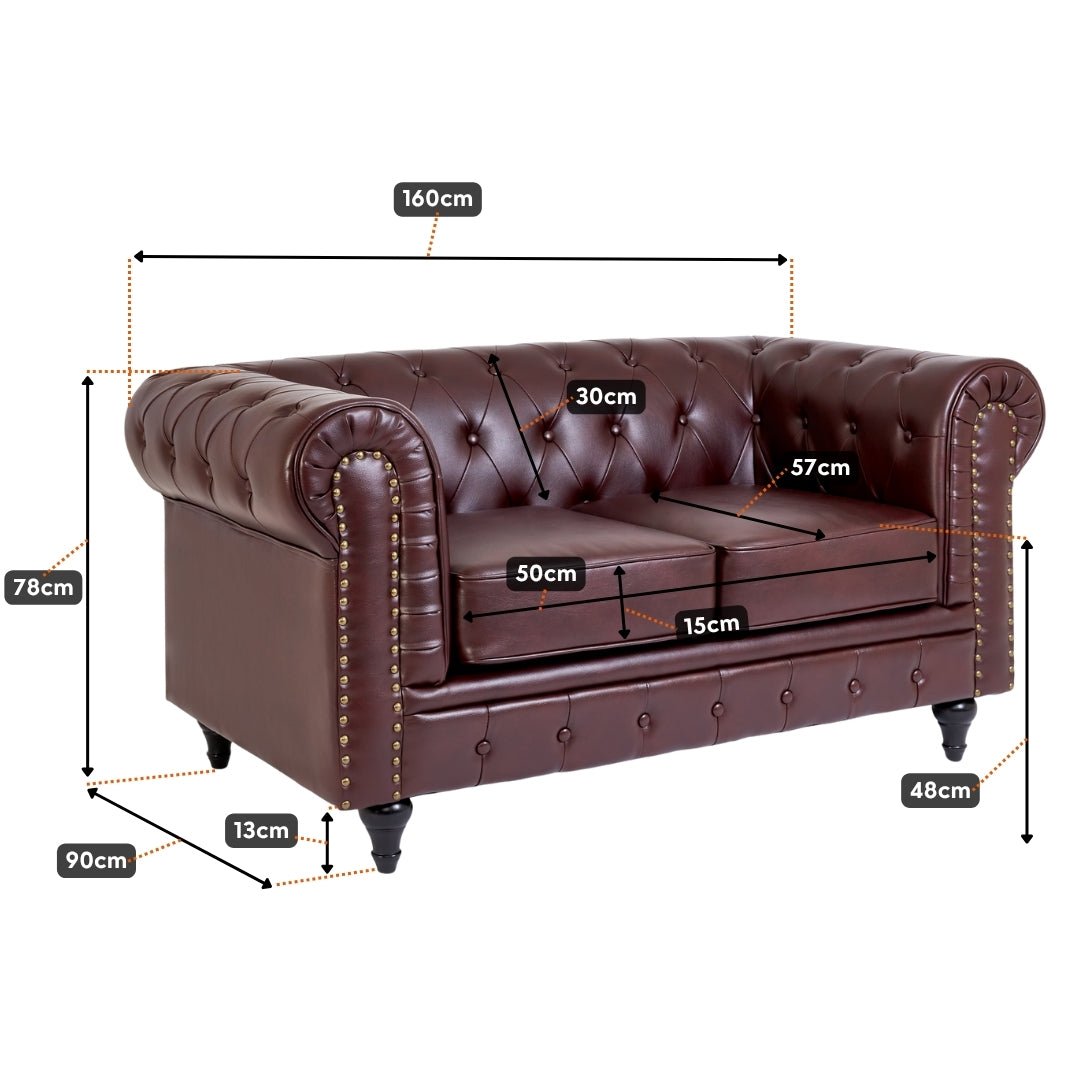 Faux Leather Chesterfield Two Seater Sofa - Brown Furniture Bargainia