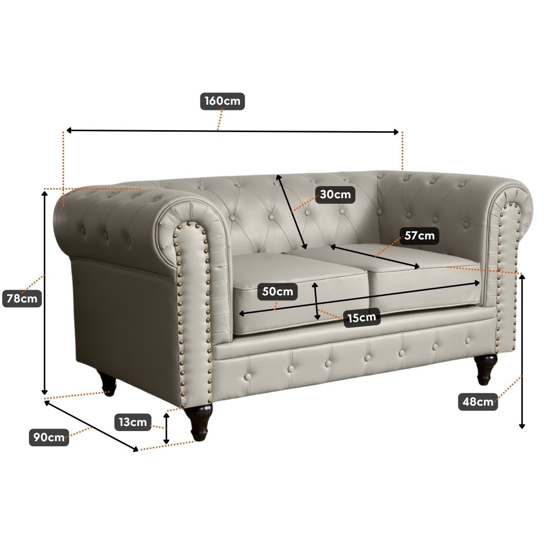 Faux Leather Chesterfield Two Seater Sofa - Light Grey Furniture Bargainia