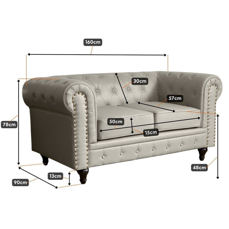 Faux Leather Chesterfield Two Seater Sofa - Light Grey - Bargainia.com - 